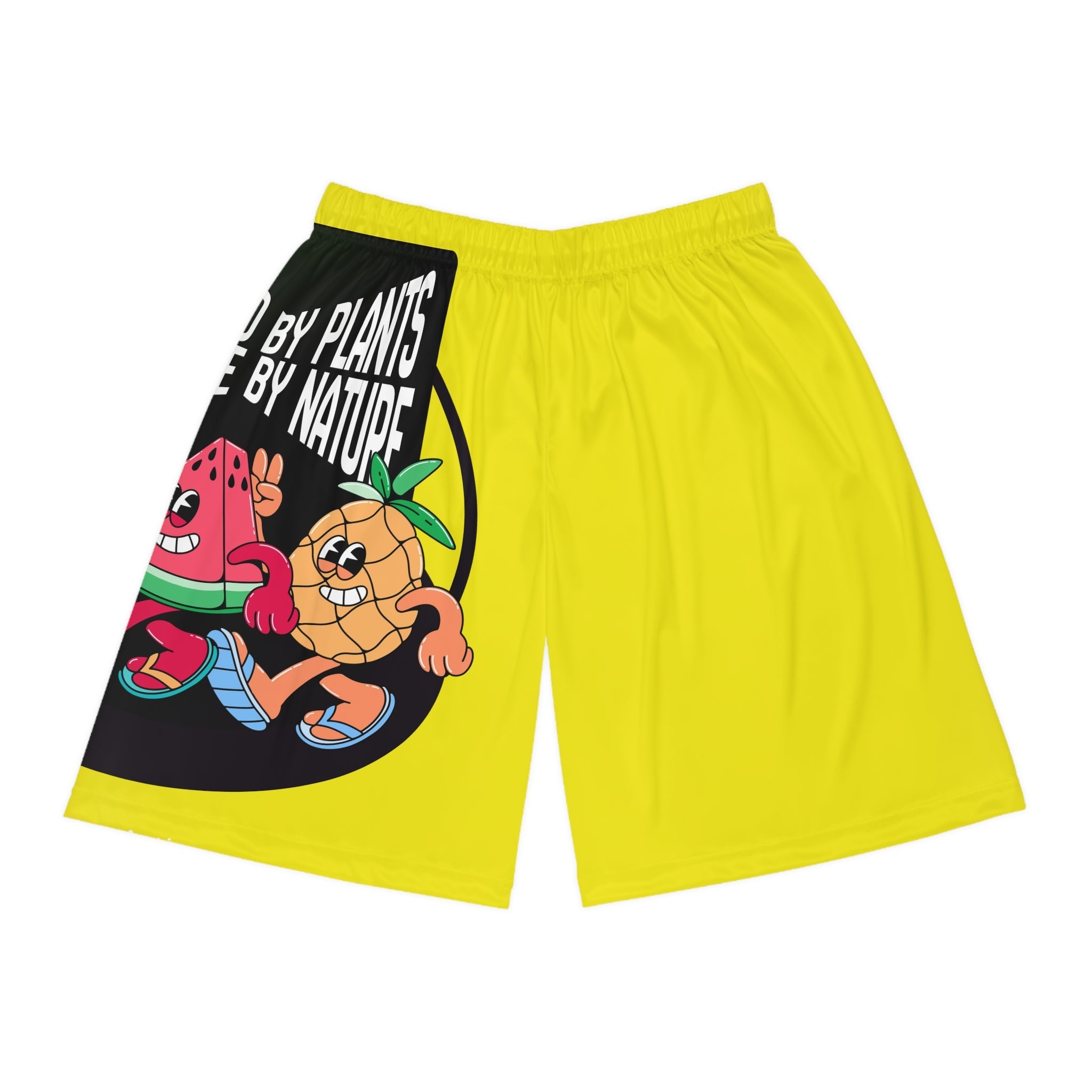 Yellow AOP Basketball Shorts — Playful Fruit Graphic “Powered by Plants” Printify