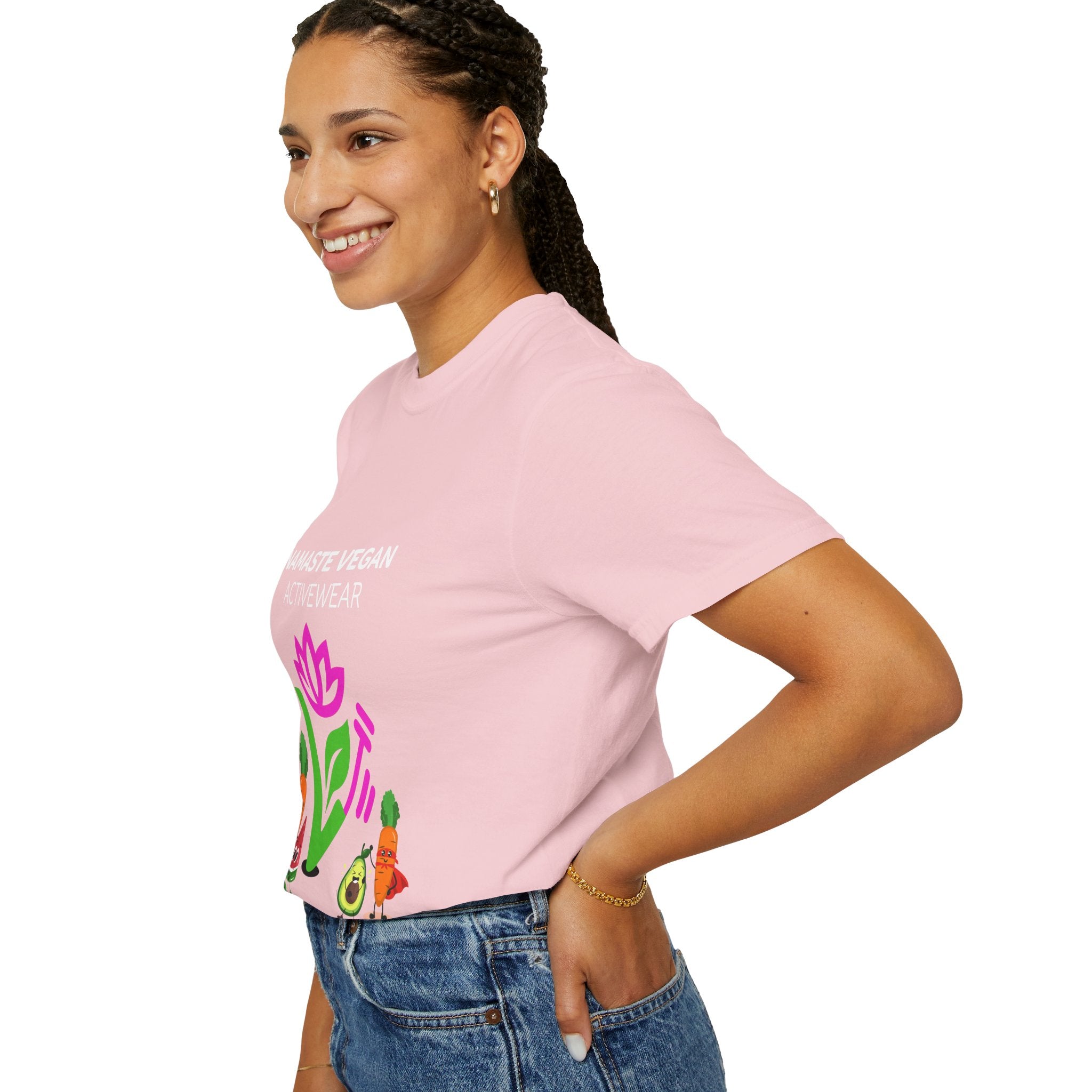 Vegan Namaste T-Shirt — "Namaste Vegan Activewear" with Lotus & Veggie Characters Printify