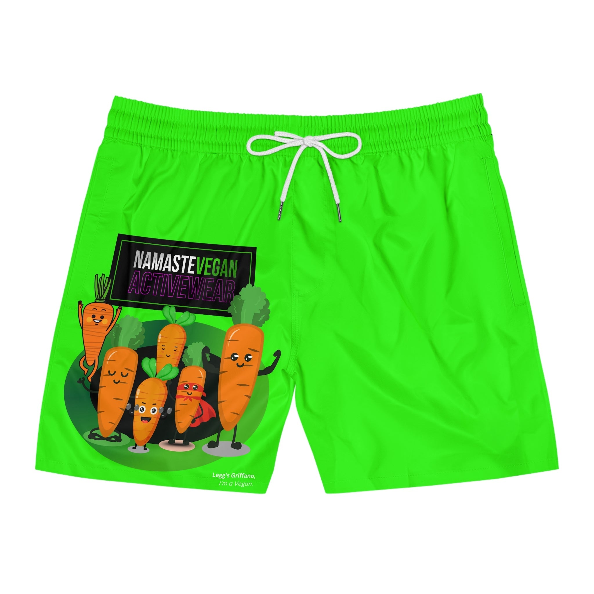 Men's Neon Green Swim Shorts with 'Namaste Vegan' Carrot Cartoon Design Printify