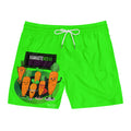 Men's Neon Green Swim Shorts with 'Namaste Vegan' Carrot Cartoon Design