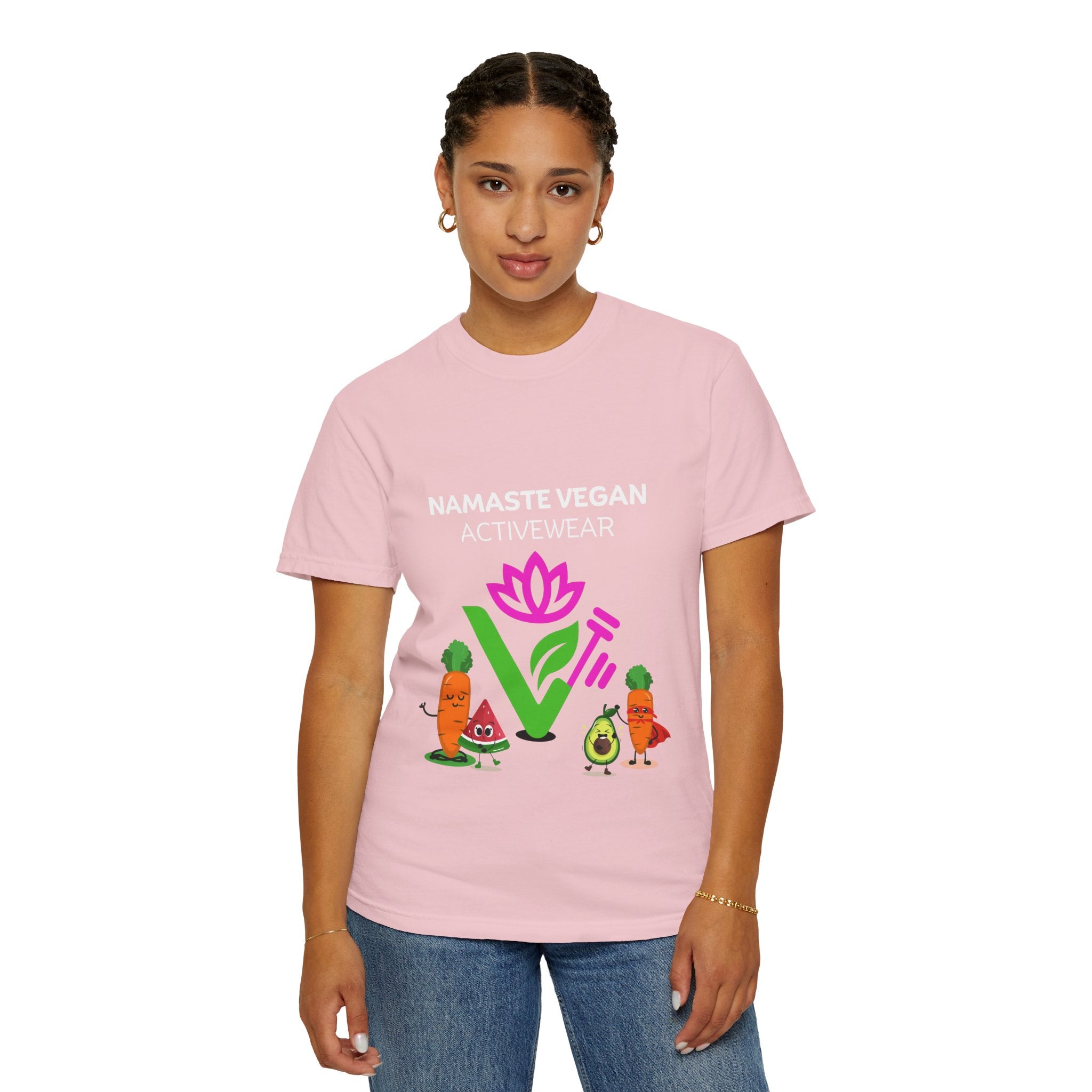 Vegan Namaste T-Shirt — "Namaste Vegan Activewear" with Lotus & Veggie Characters Printify
