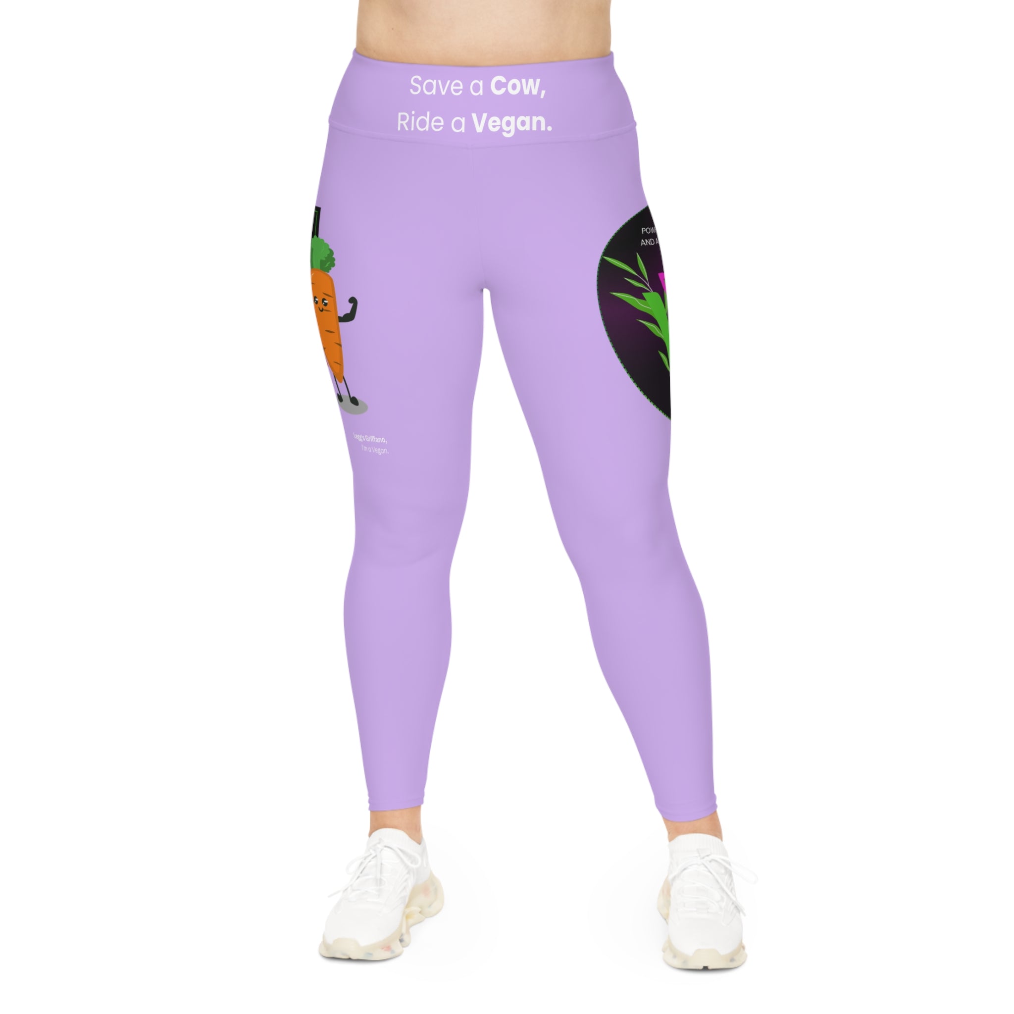 Plus Size Vegan Leggings — “Save a Cow, Ride a Vegan” Purple AOP Printify