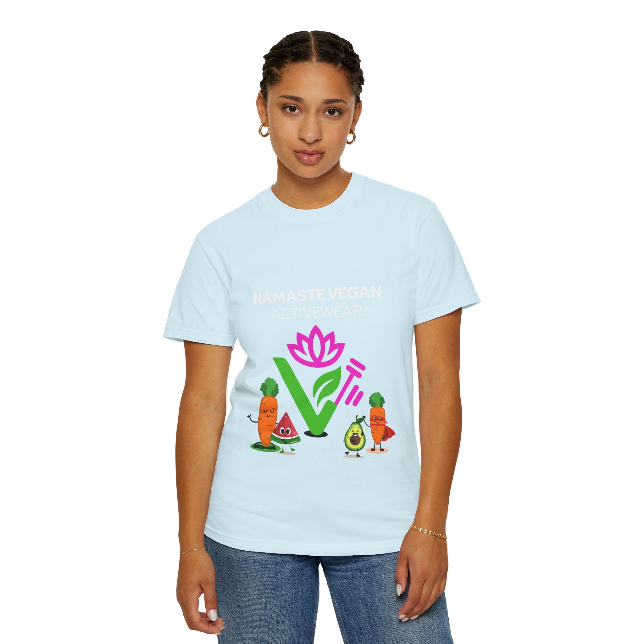 Vegan Namaste T-Shirt — "Namaste Vegan Activewear" with Lotus & Veggie Characters Printify