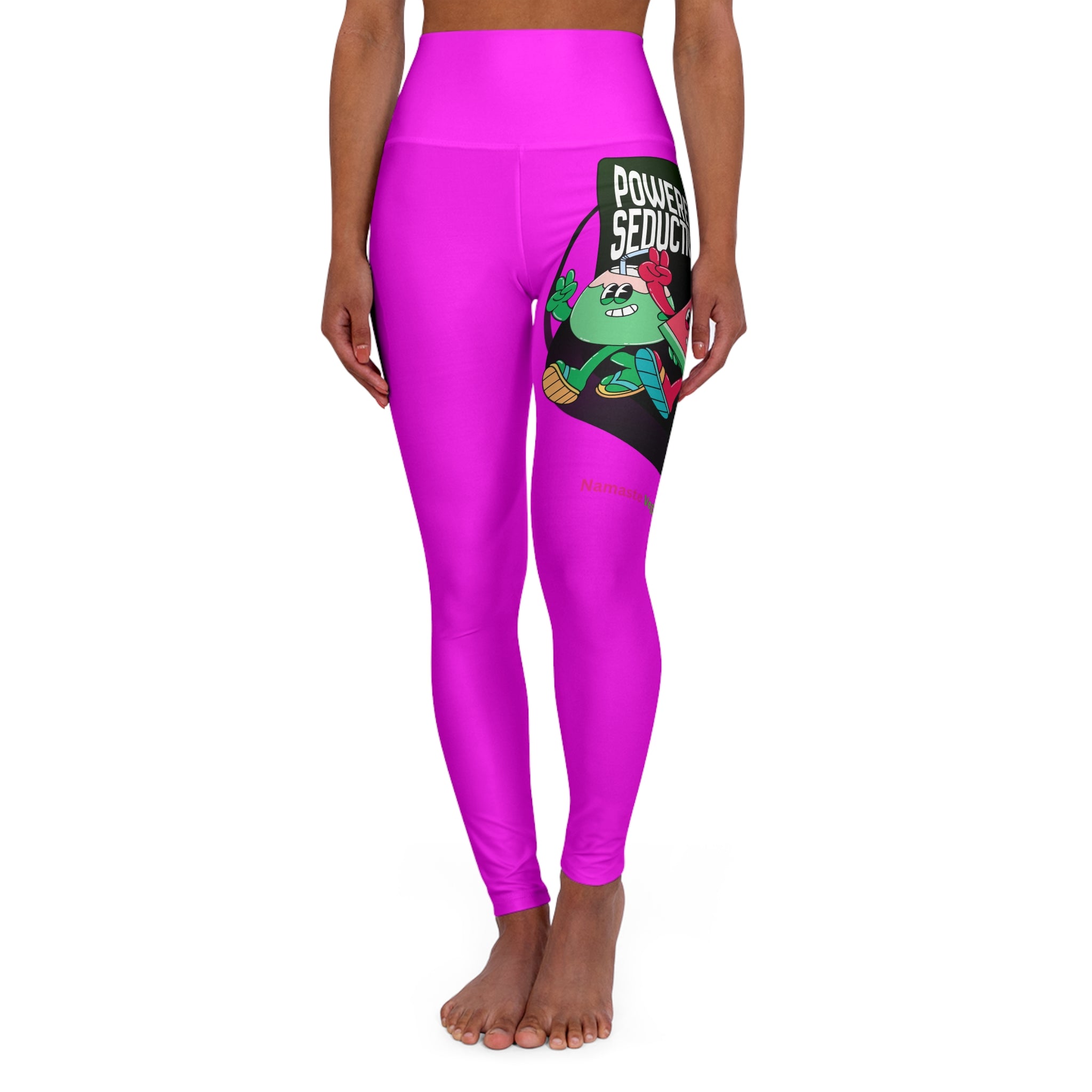 High-Waisted Yoga Leggings — Bright Pink AOP with 'Power to the Plants' Character Graphic Printify