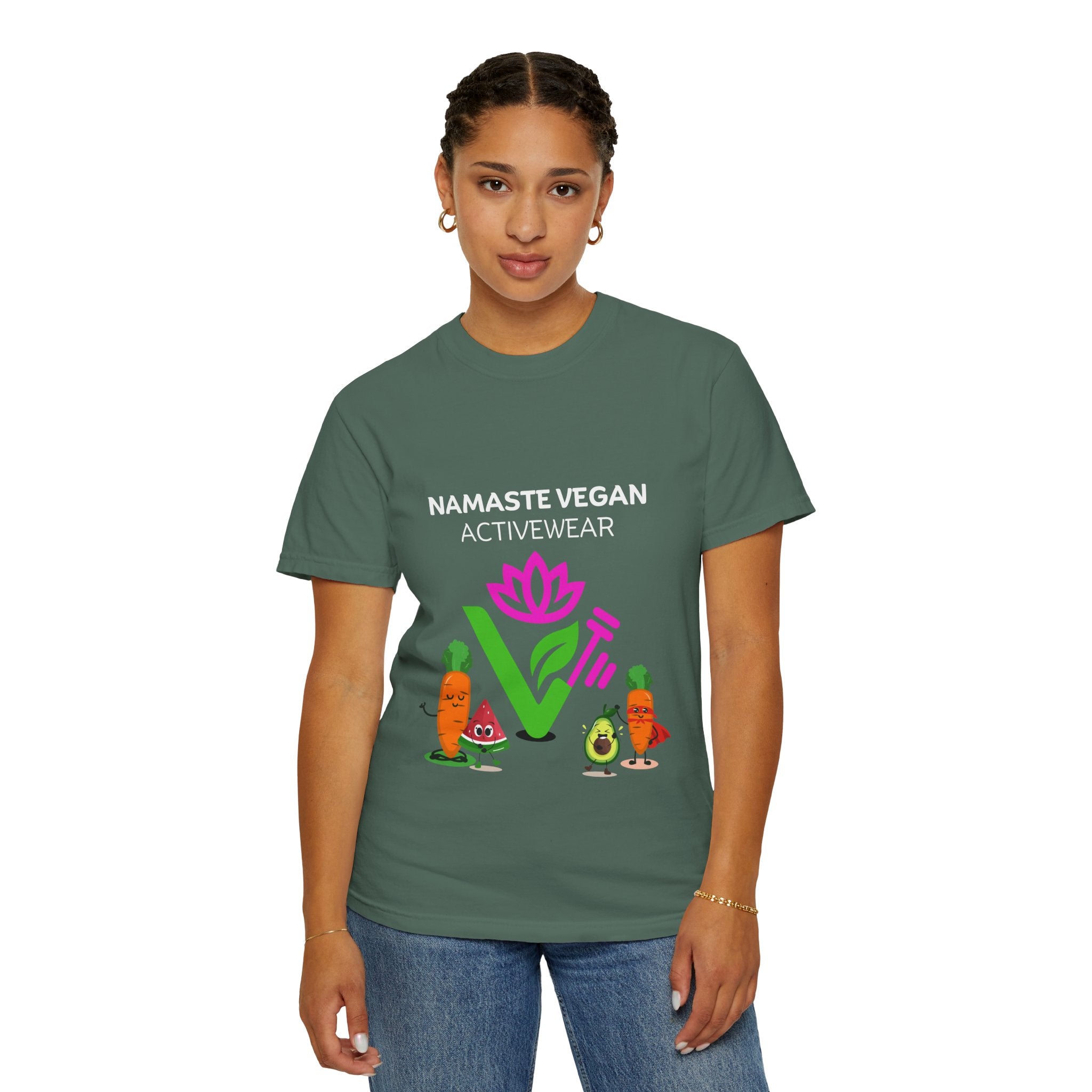 Vegan Namaste T-Shirt — "Namaste Vegan Activewear" with Lotus & Veggie Characters Printify