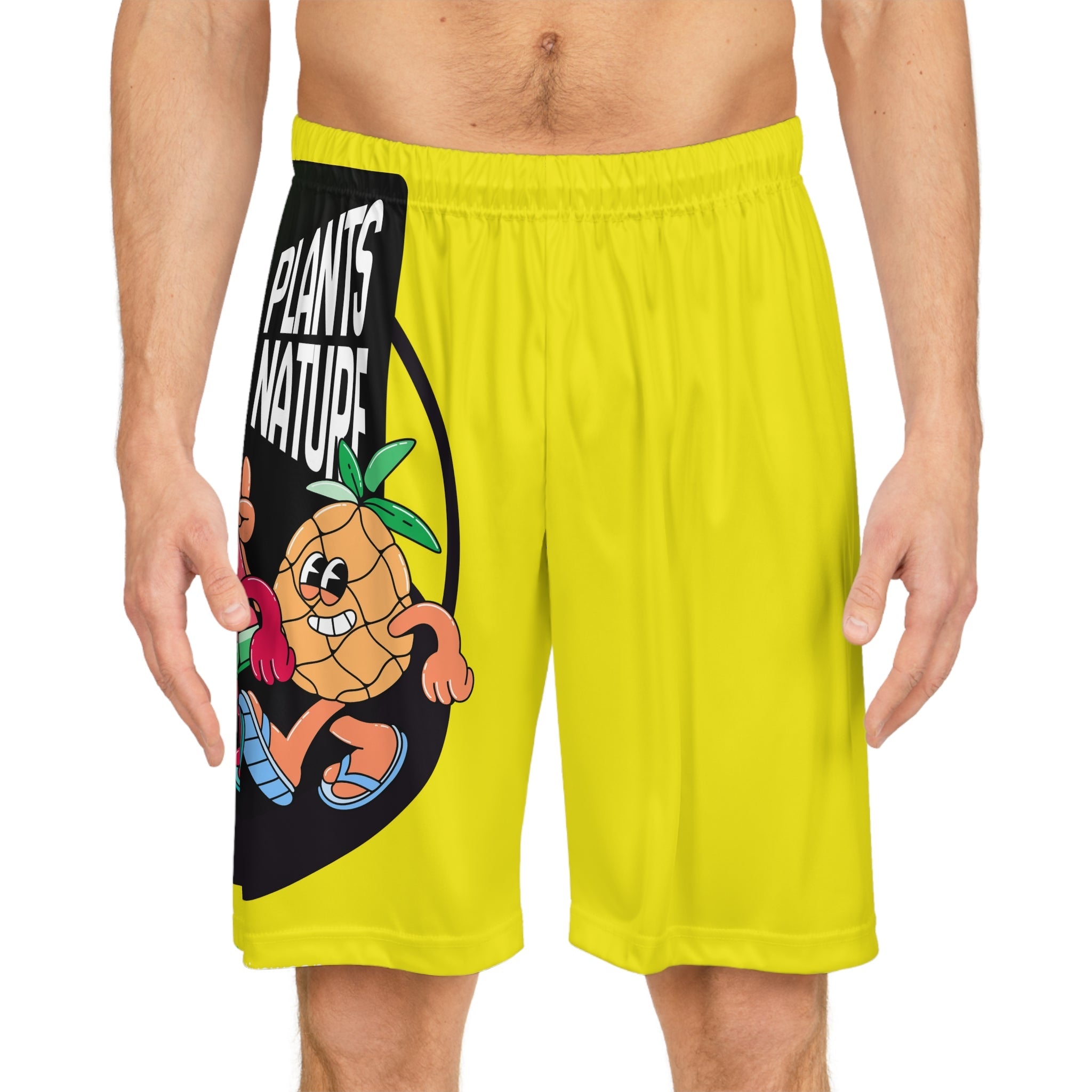 Yellow AOP Basketball Shorts — Playful Fruit Graphic “Powered by Plants” Printify