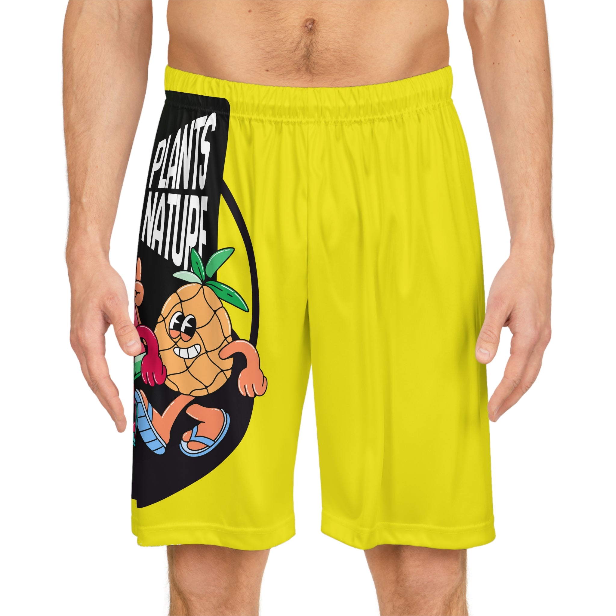 Yellow AOP Basketball Shorts — Playful Fruit Graphic “Powered by Plants”