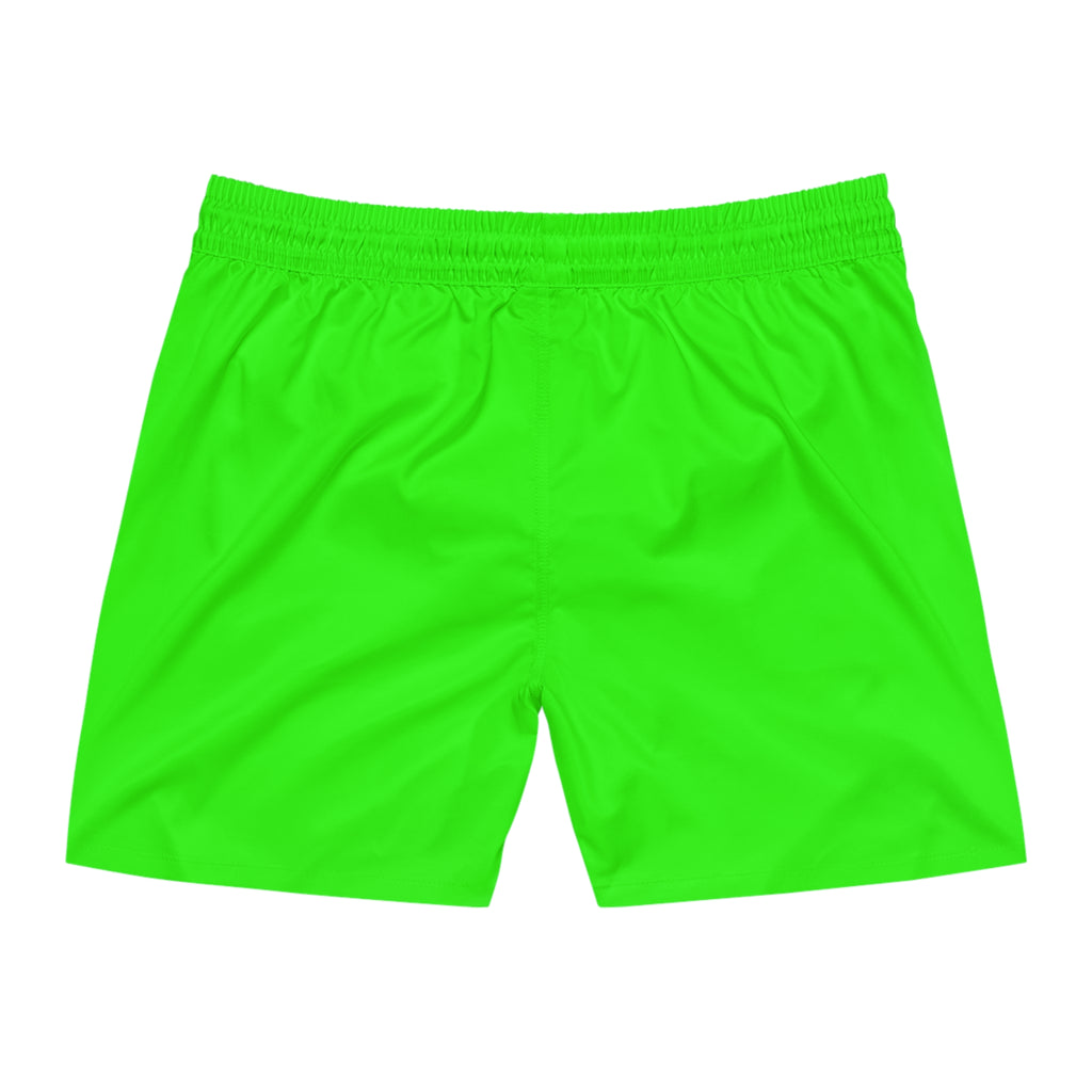 Men's Neon Green Swim Shorts with 'Namaste Vegan' Carrot Cartoon Design