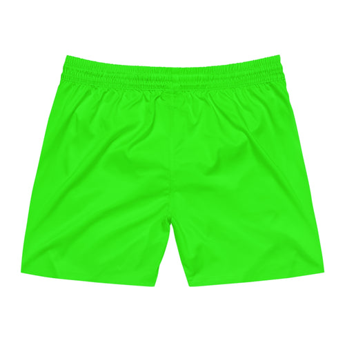 Men's Neon Green Swim Shorts with 'Namaste Vegan' Carrot Cartoon Design