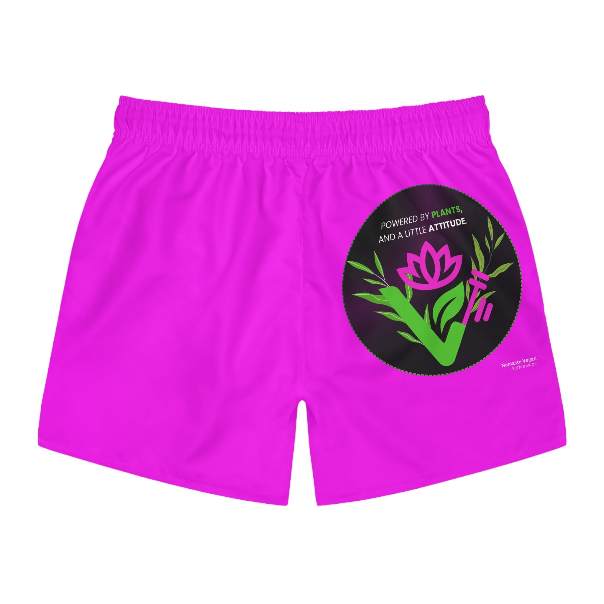 Pink Floral Swim Trunks — "Powered by Plants" Graphic Swim Shorts Printify