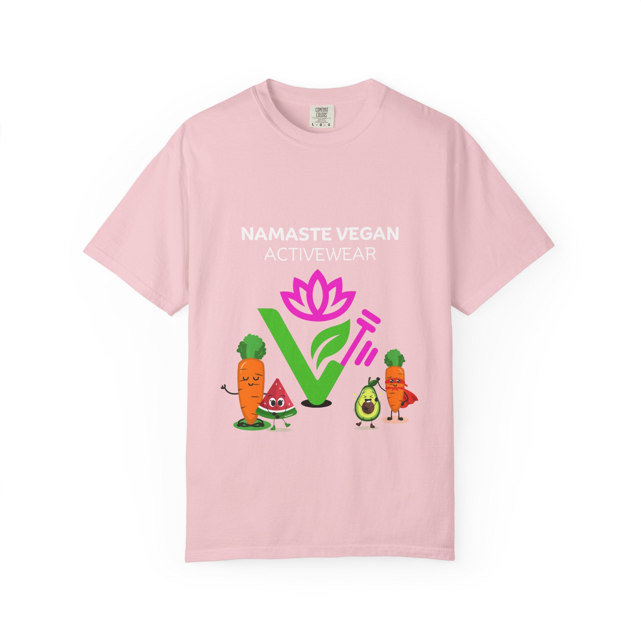 Vegan Namaste T-Shirt — "Namaste Vegan Activewear" with Lotus & Veggie Characters Printify