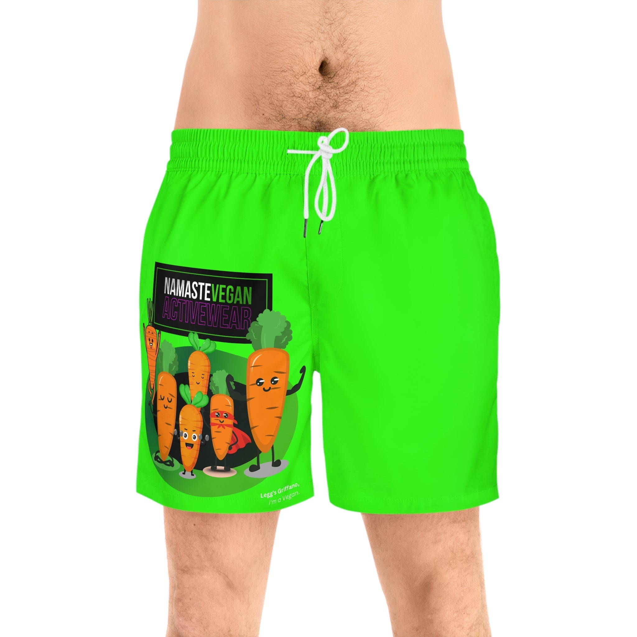 Men's Neon Green Swim Shorts with 'Namaste Vegan' Carrot Cartoon Design Printify