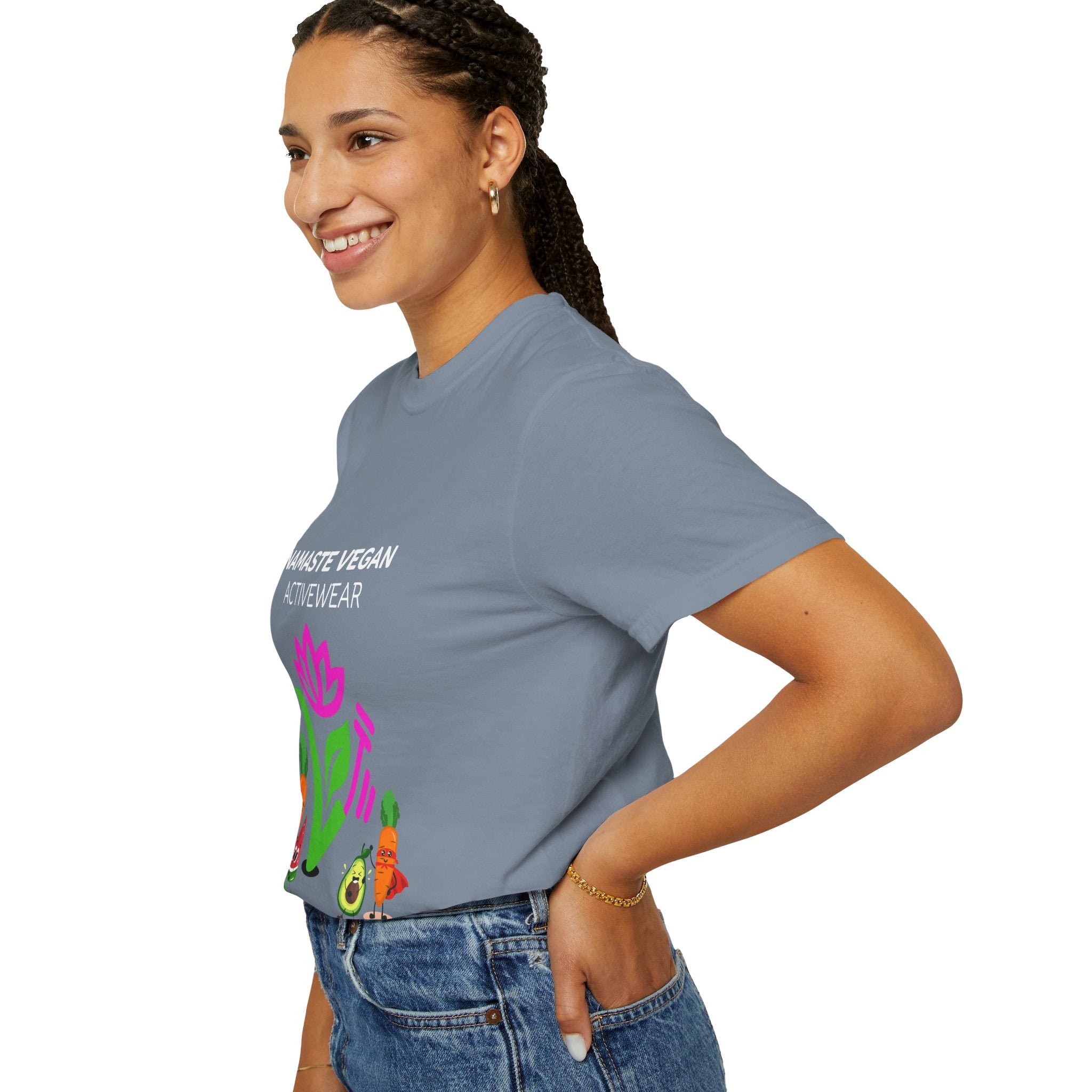 Vegan Namaste T-Shirt — "Namaste Vegan Activewear" with Lotus & Veggie Characters Printify