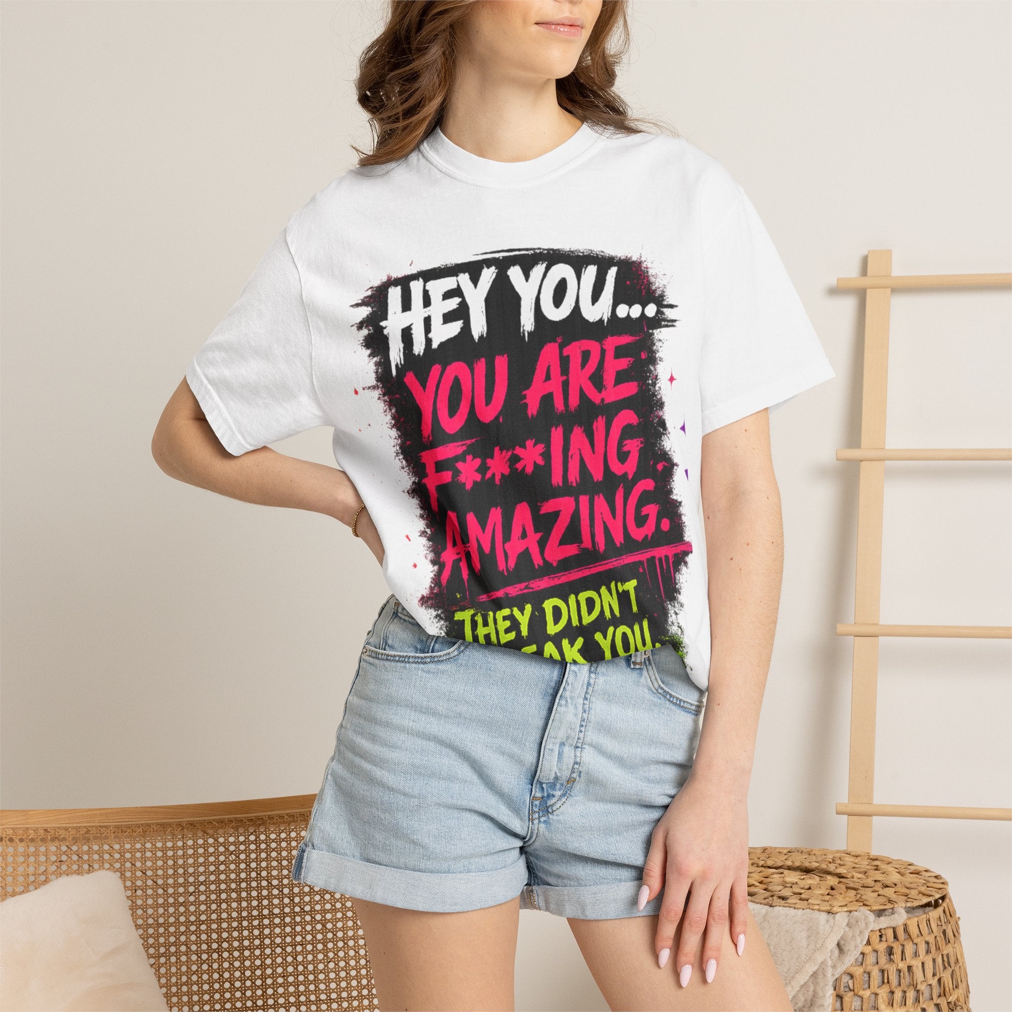 Empowering Graphic T-Shirt — "Hey You You Are F***ing Amazing" Vegan Namaste Tee Printify