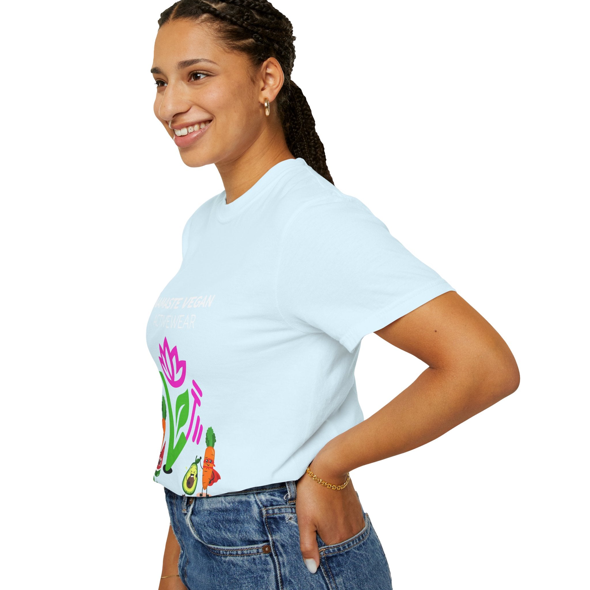 Vegan Namaste T-Shirt — "Namaste Vegan Activewear" with Lotus & Veggie Characters Printify