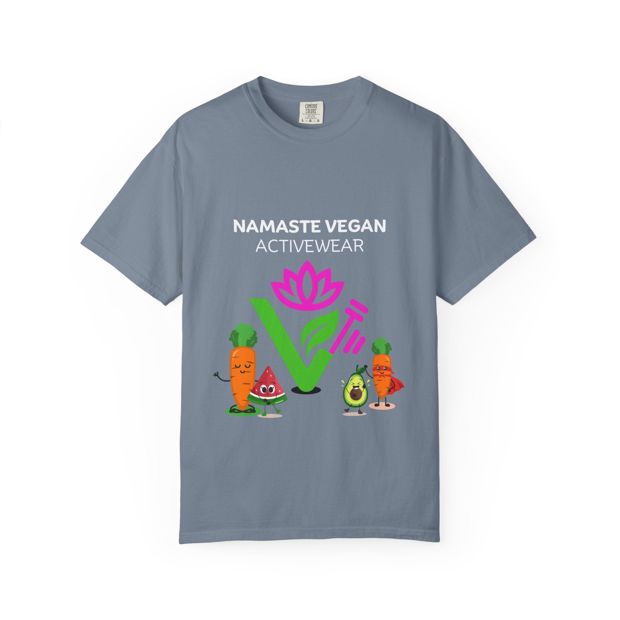 Vegan Namaste T-Shirt — "Namaste Vegan Activewear" with Lotus & Veggie Characters Printify