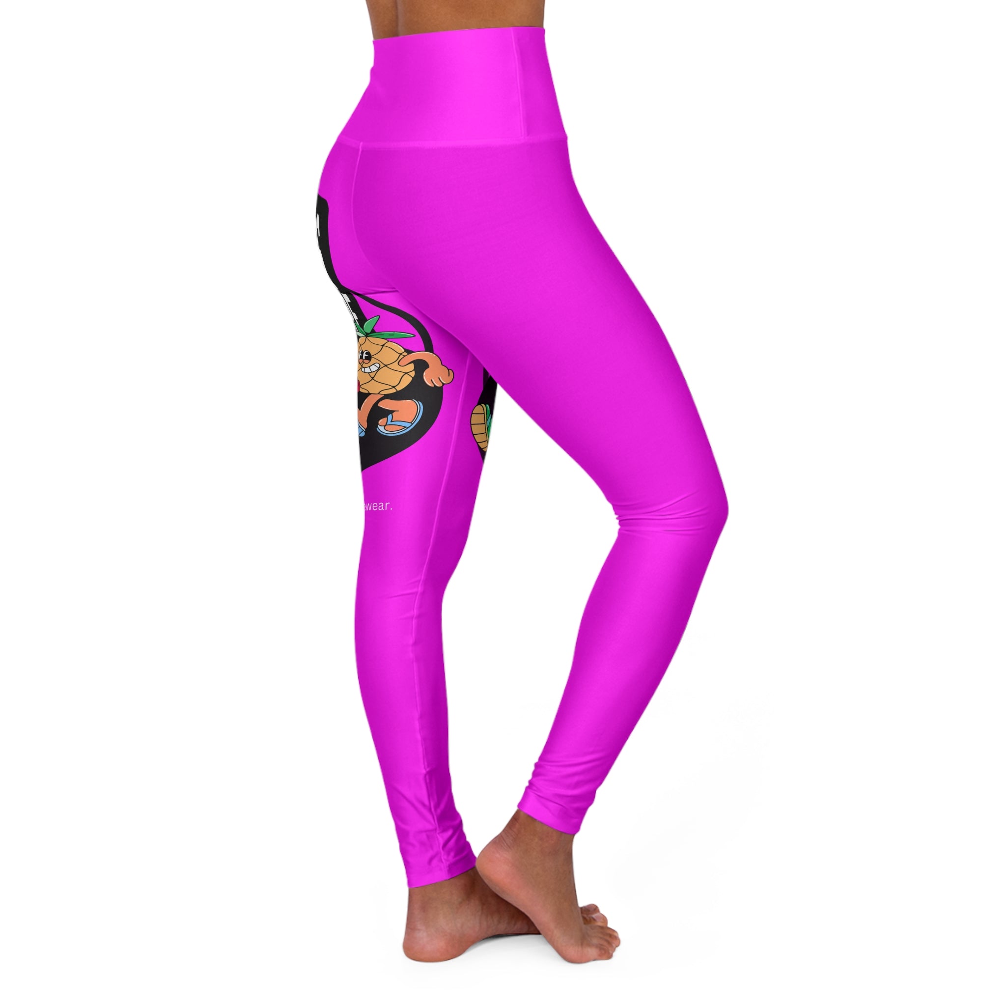 High-Waisted Yoga Leggings — Bright Pink AOP with 'Power to the Plants' Character Graphic Printify