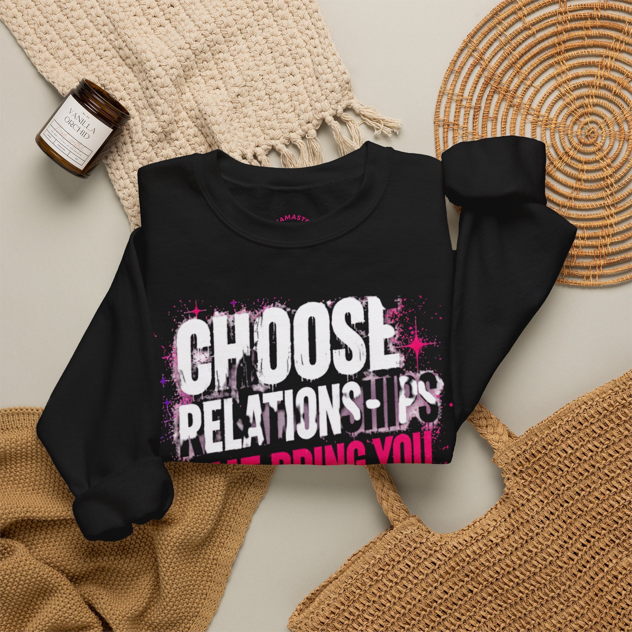 Vegan Namaste Crewneck Sweatshirt — "Choose Relationships That Bring You Peace, Not Pain"