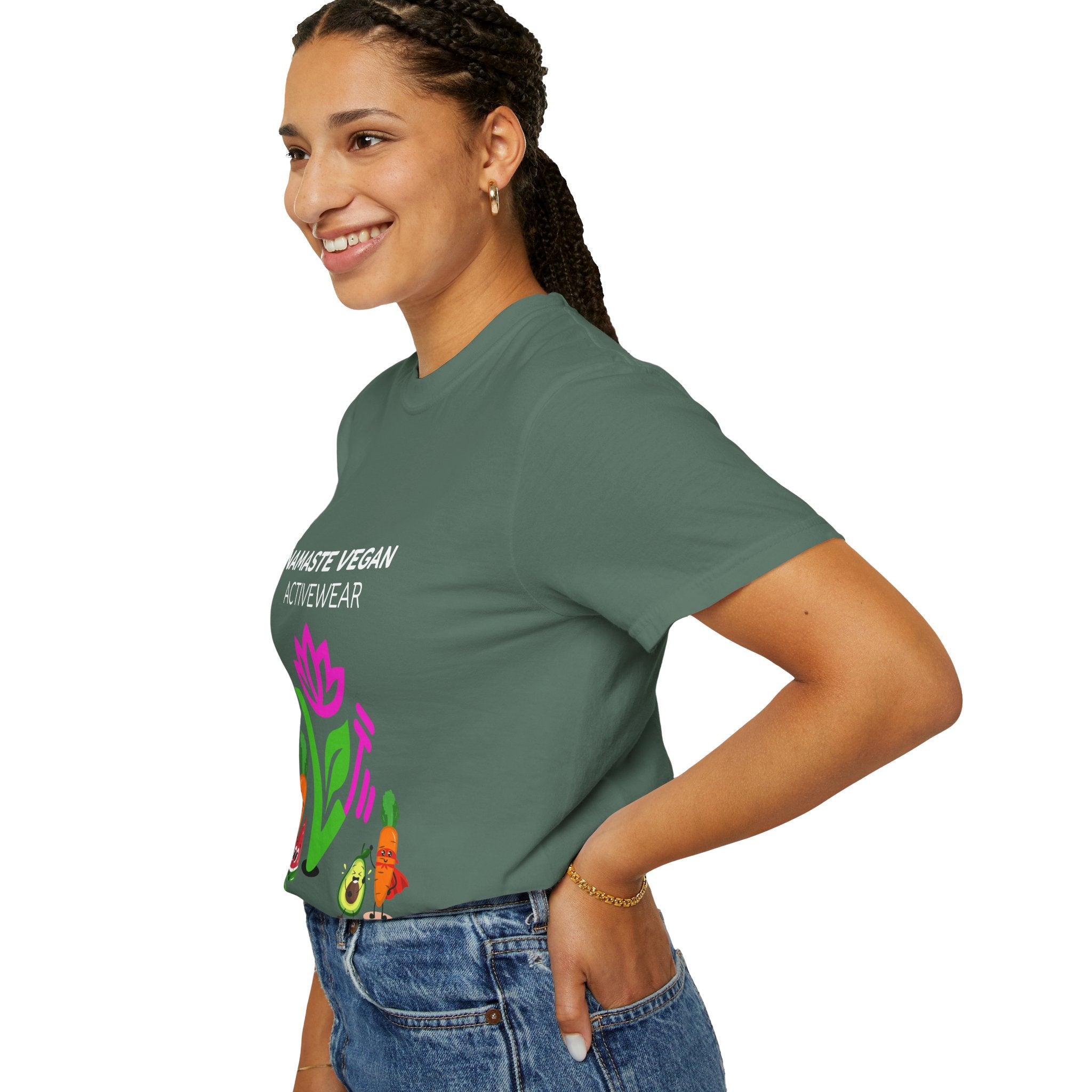 Vegan Namaste T-Shirt — "Namaste Vegan Activewear" with Lotus & Veggie Characters Printify