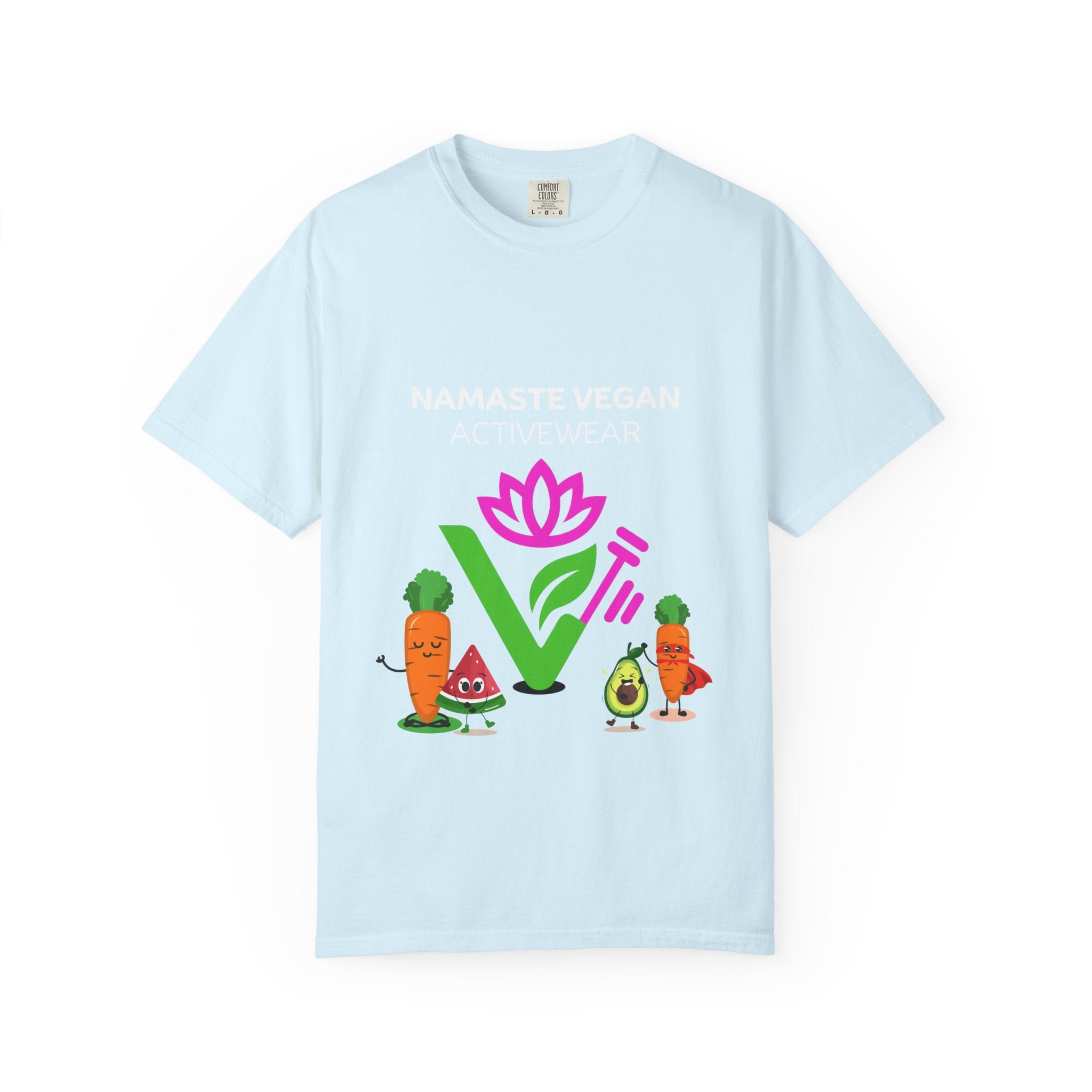 Vegan Namaste T-Shirt — "Namaste Vegan Activewear" with Lotus & Veggie Characters Printify