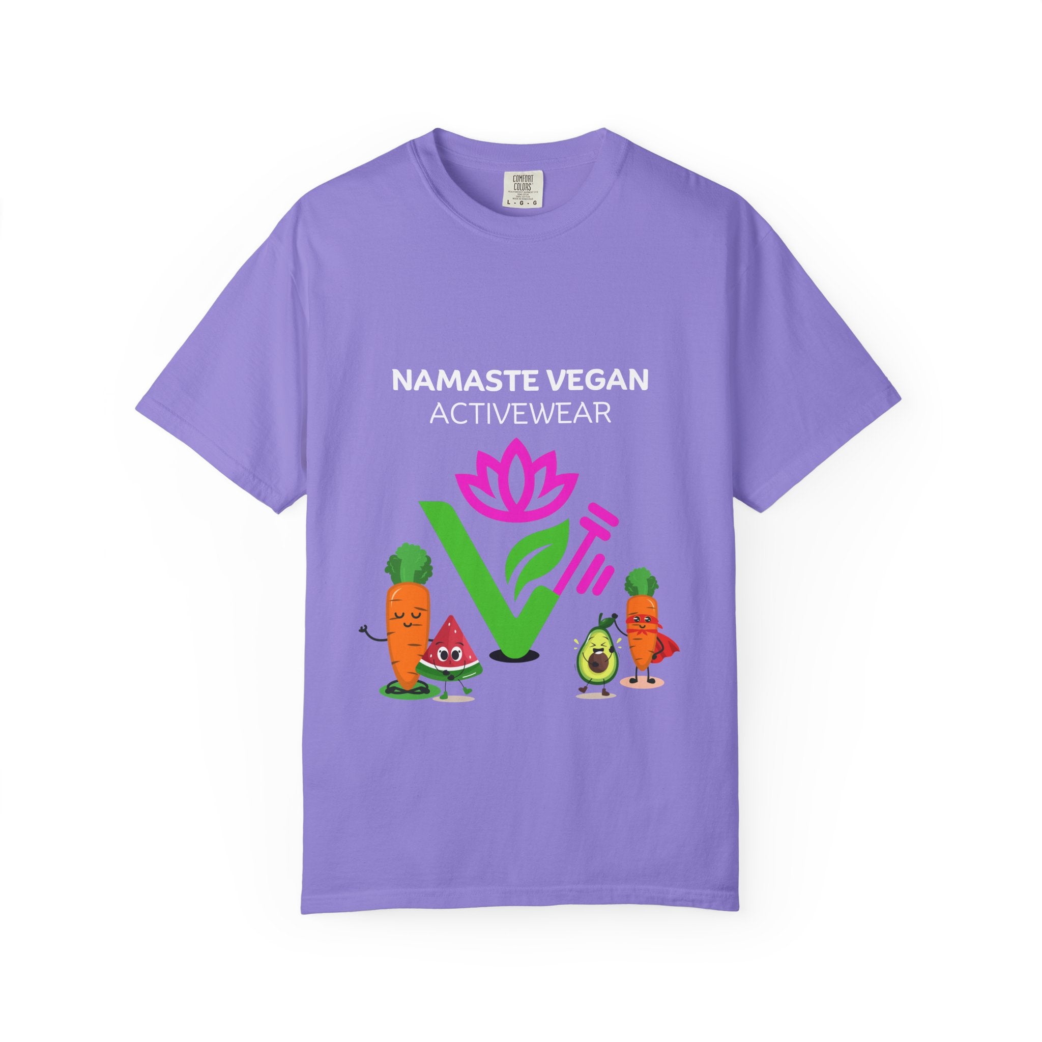Vegan Namaste T-Shirt — "Namaste Vegan Activewear" with Lotus & Veggie Characters Printify