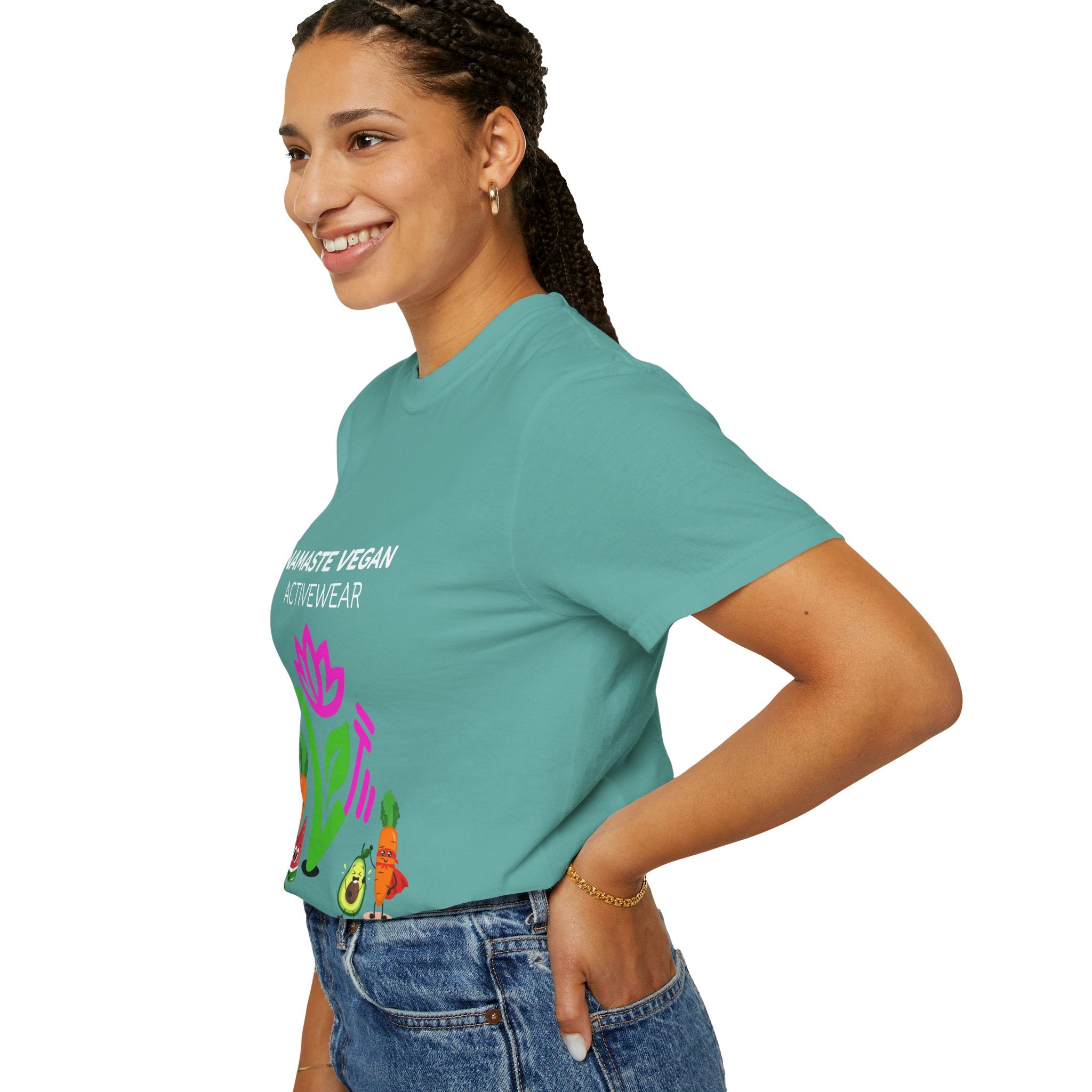 Vegan Namaste T-Shirt — "Namaste Vegan Activewear" with Lotus & Veggie Characters Printify