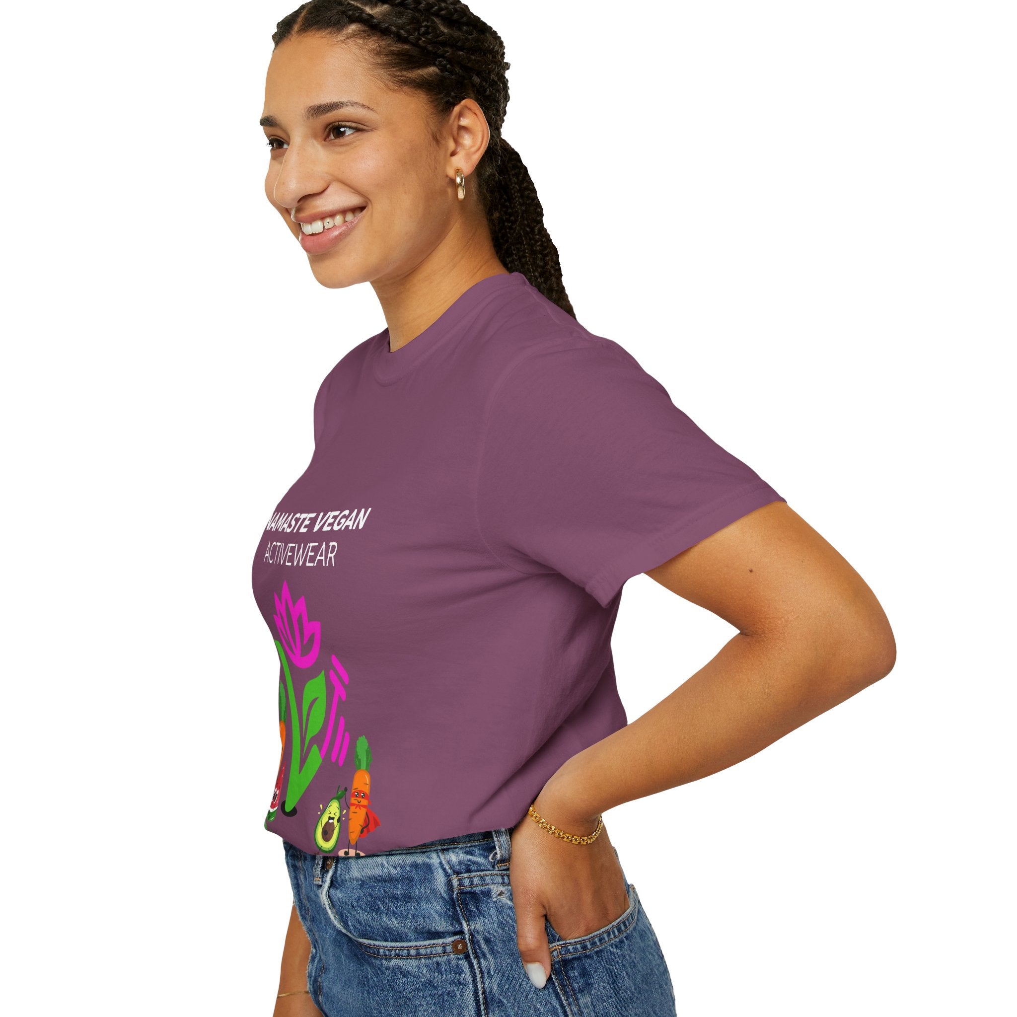 Vegan Namaste T-Shirt — "Namaste Vegan Activewear" with Lotus & Veggie Characters Printify