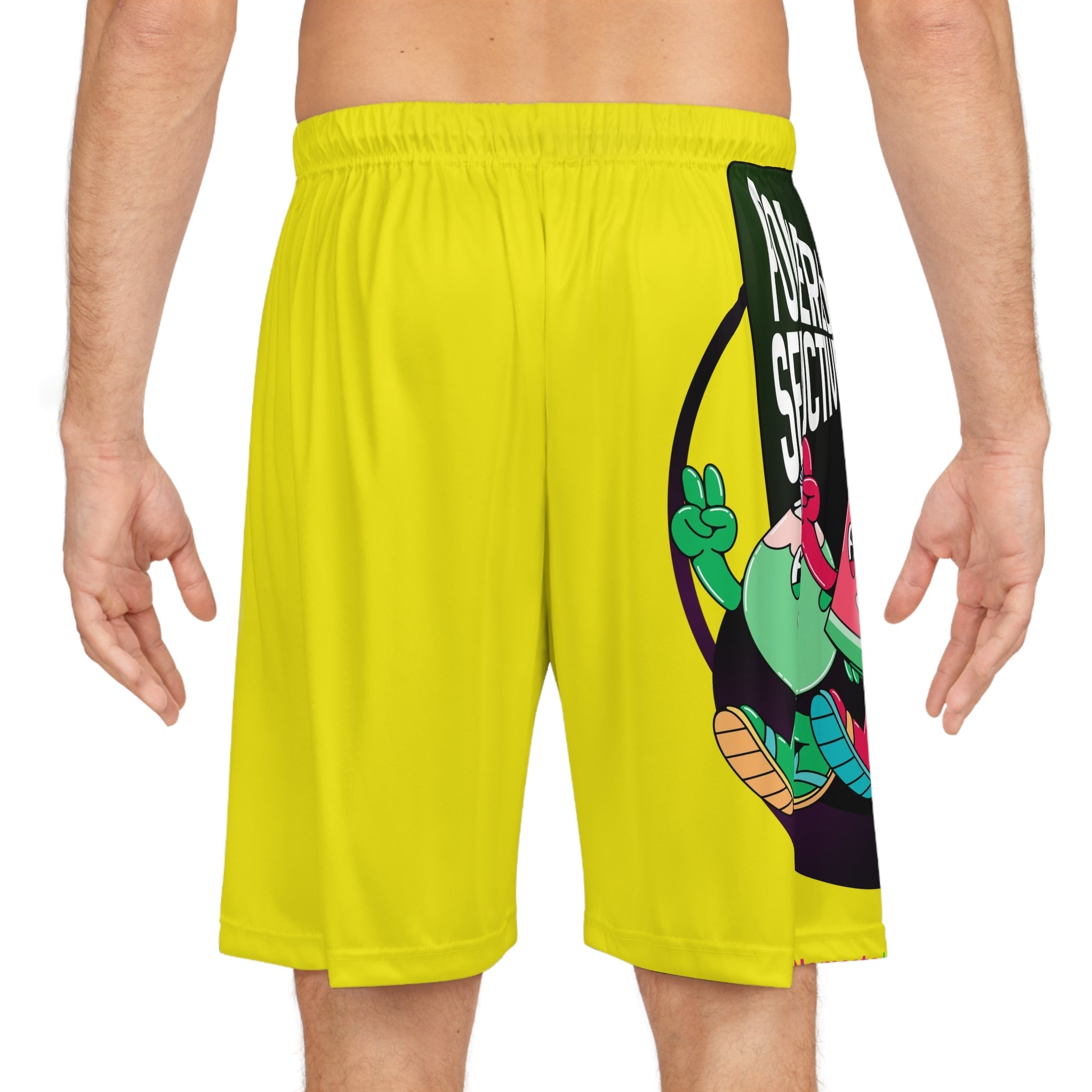 Yellow AOP Basketball Shorts — Playful Fruit Graphic “Powered by Plants” Printify