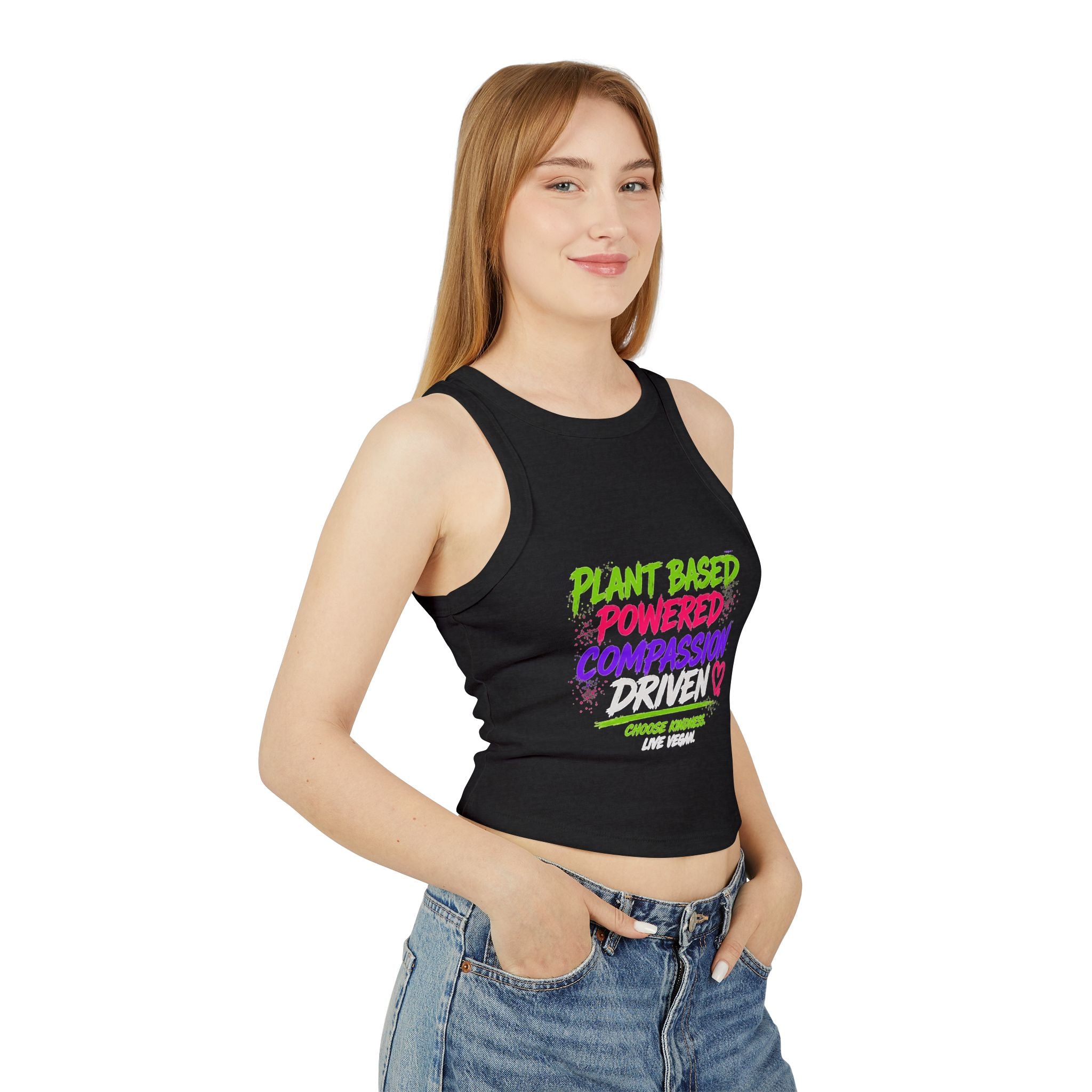 Women's Micro Rib Racer Tank Top- POWERED COMPASSION DRIVEN Printify
