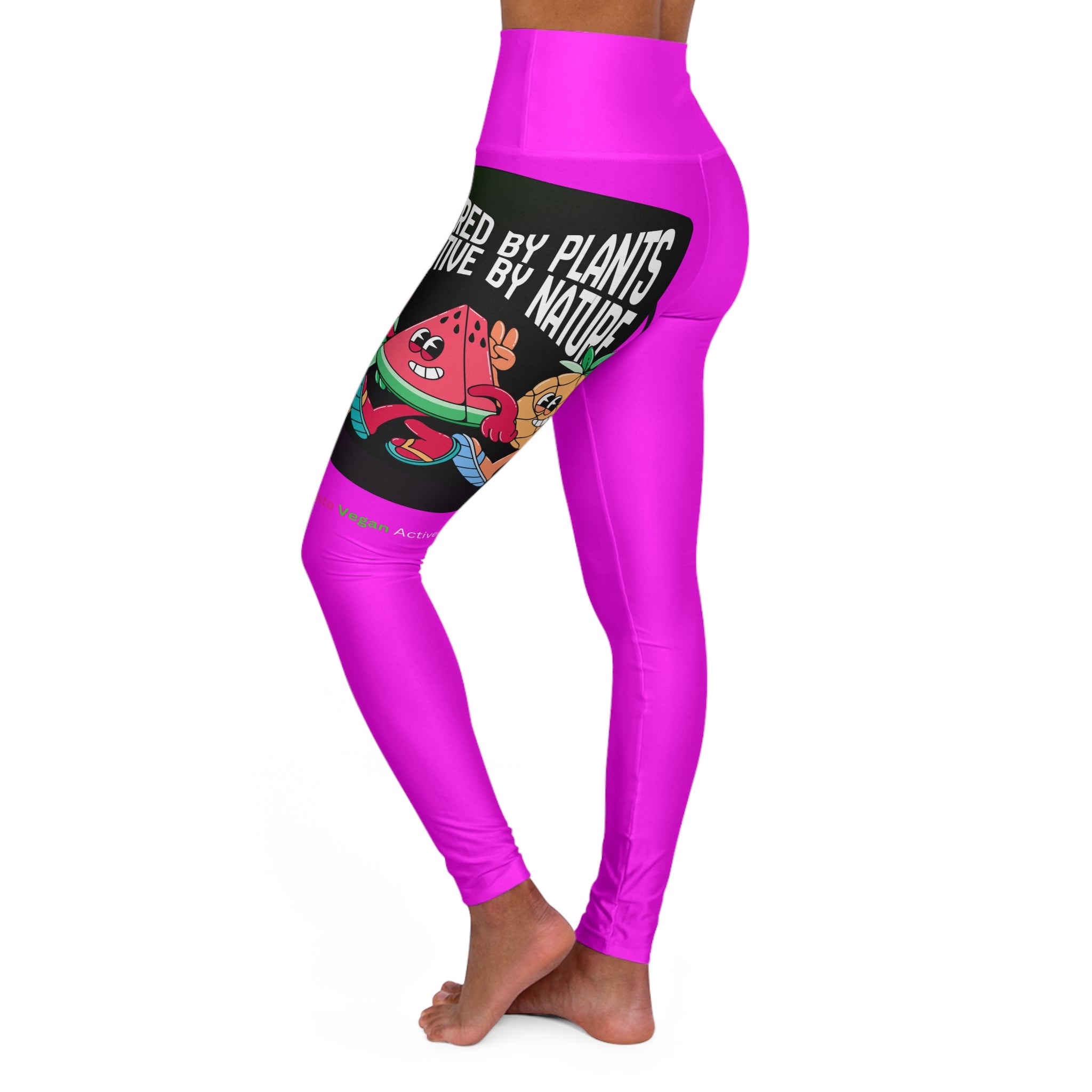 High-Waisted Yoga Leggings — Bright Pink AOP with 'Power to the Plants' Character Graphic Printify