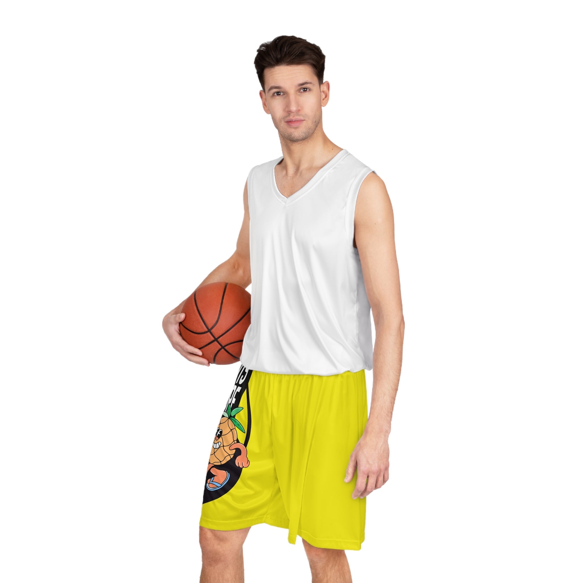Yellow AOP Basketball Shorts — Playful Fruit Graphic “Powered by Plants” Printify