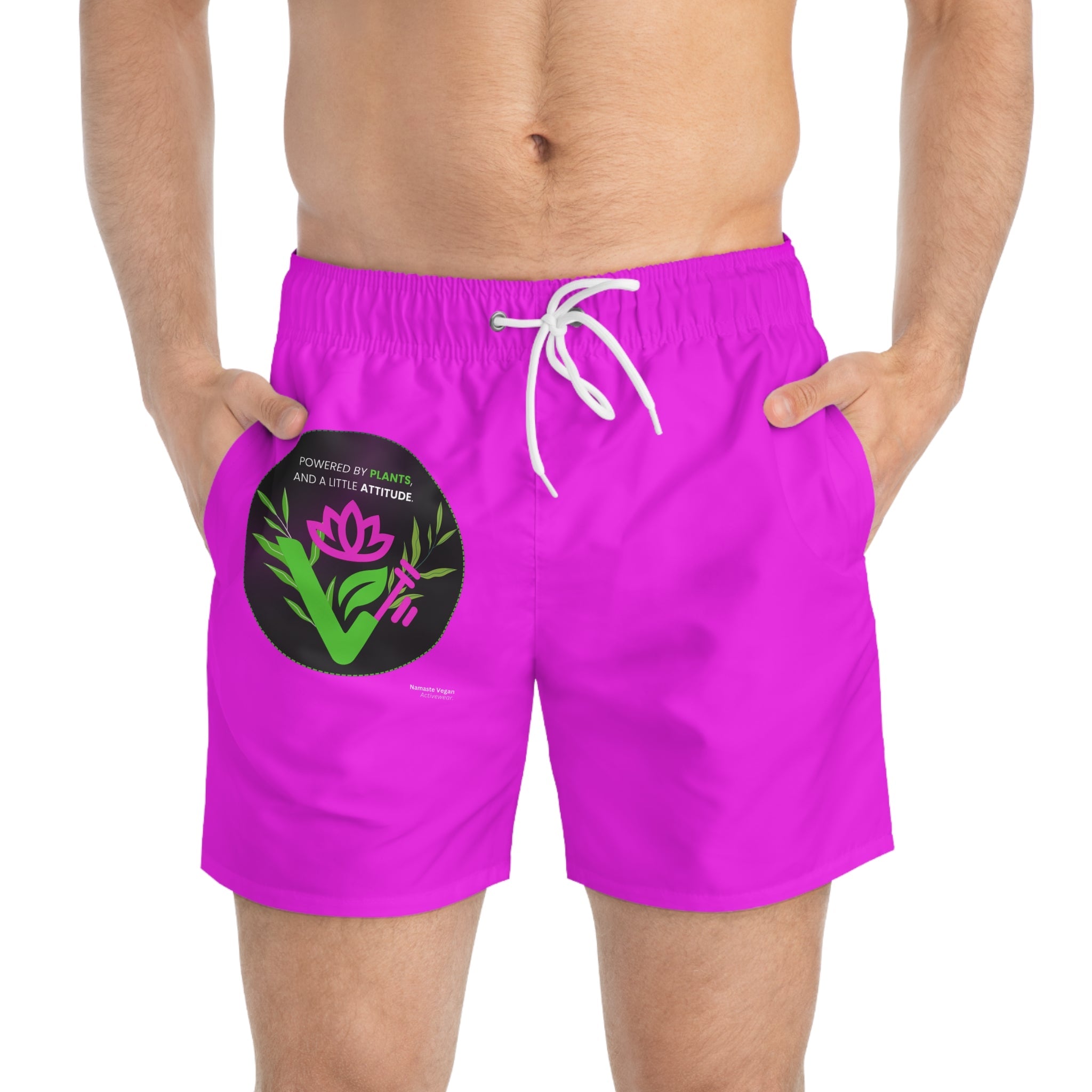 Pink Floral Swim Trunks — "Powered by Plants" Graphic Swim Shorts Printify