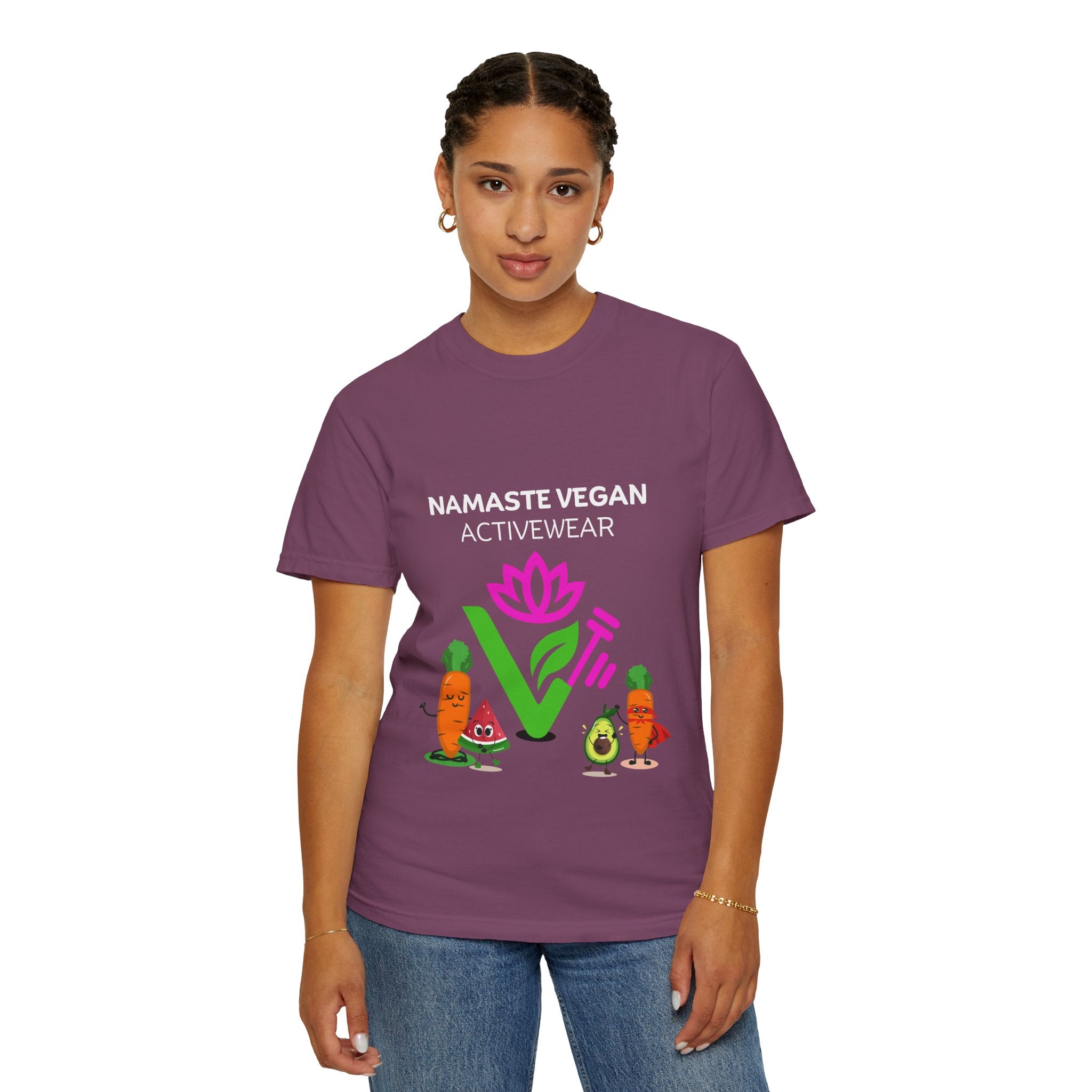 Vegan Namaste T-Shirt — "Namaste Vegan Activewear" with Lotus & Veggie Characters Printify