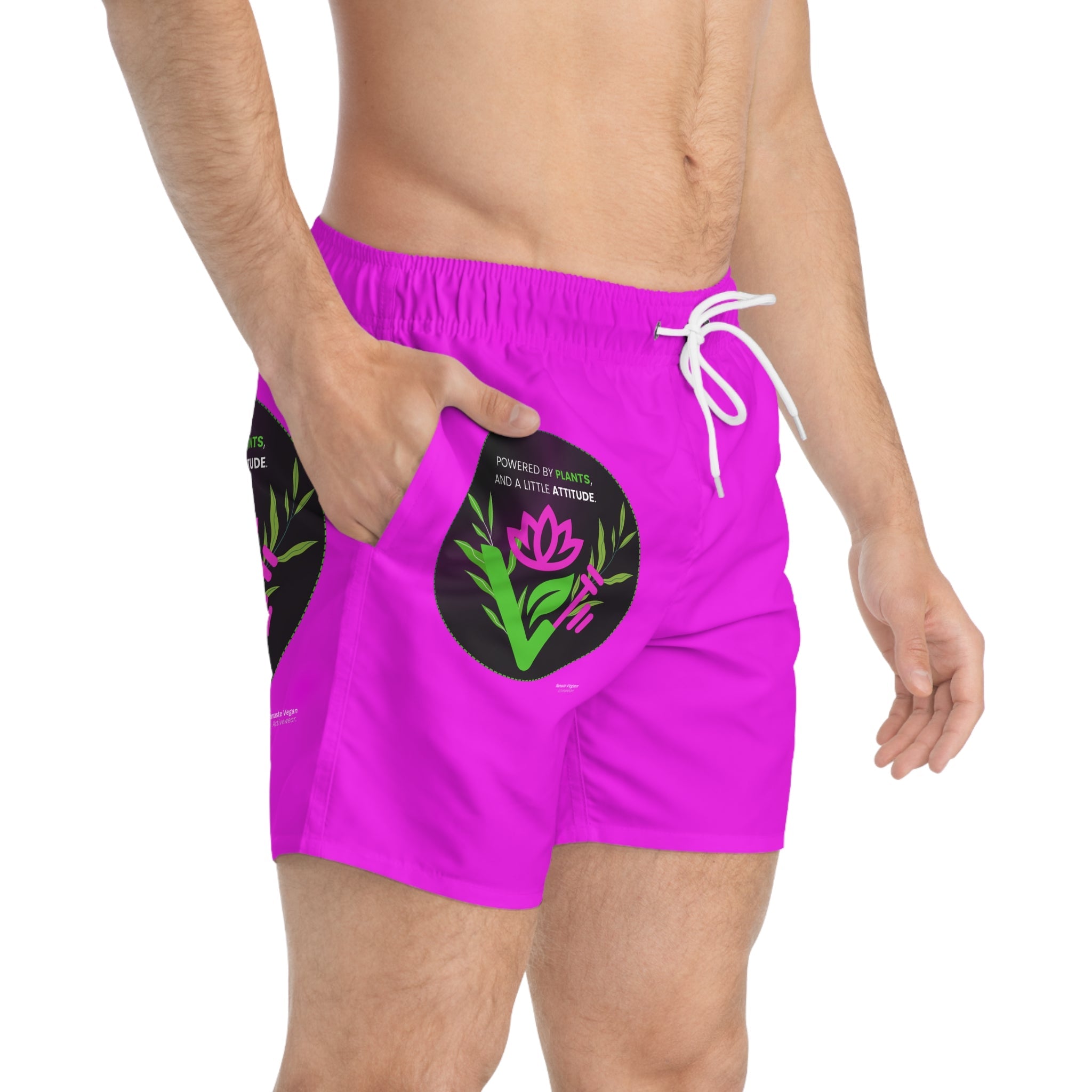 Pink Floral Swim Trunks — "Powered by Plants" Graphic Swim Shorts Printify