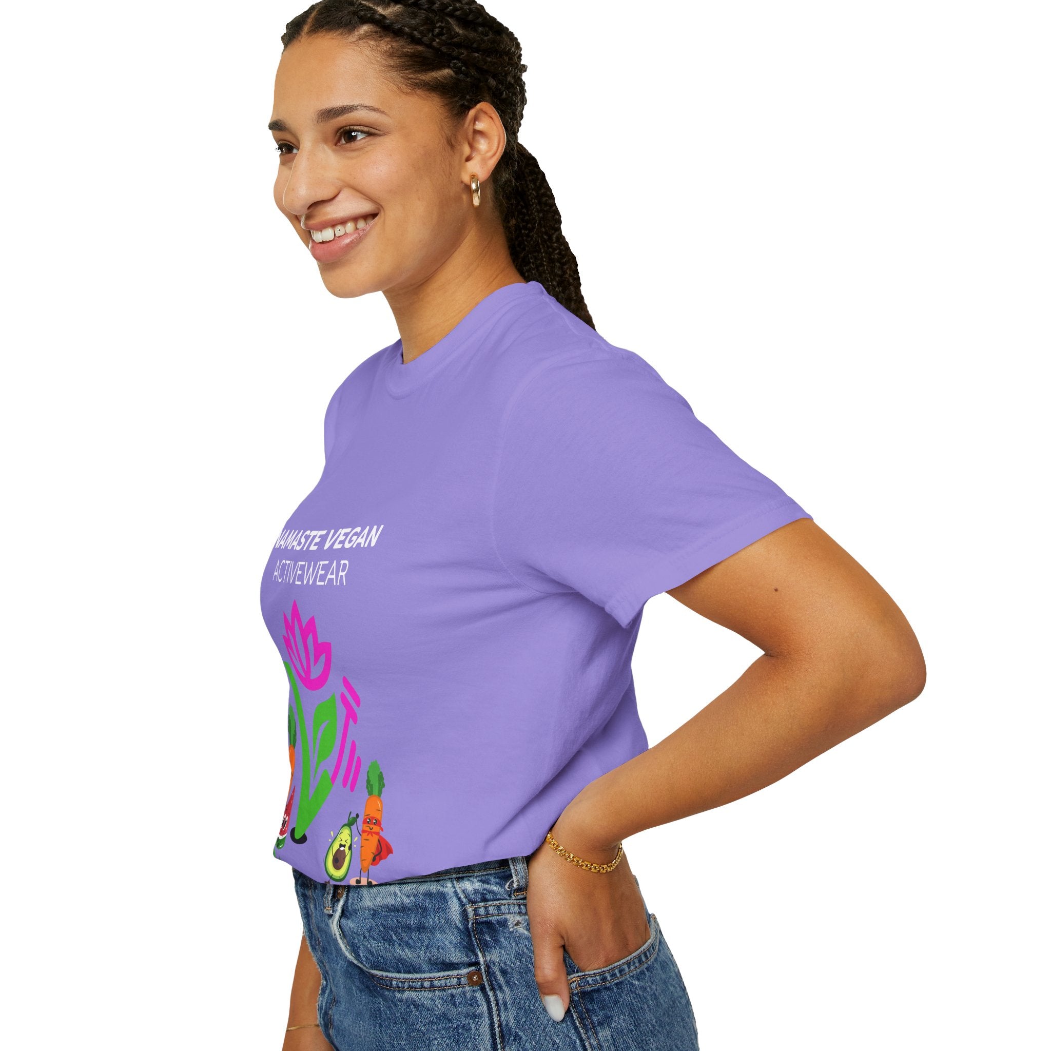 Vegan Namaste T-Shirt — "Namaste Vegan Activewear" with Lotus & Veggie Characters Printify