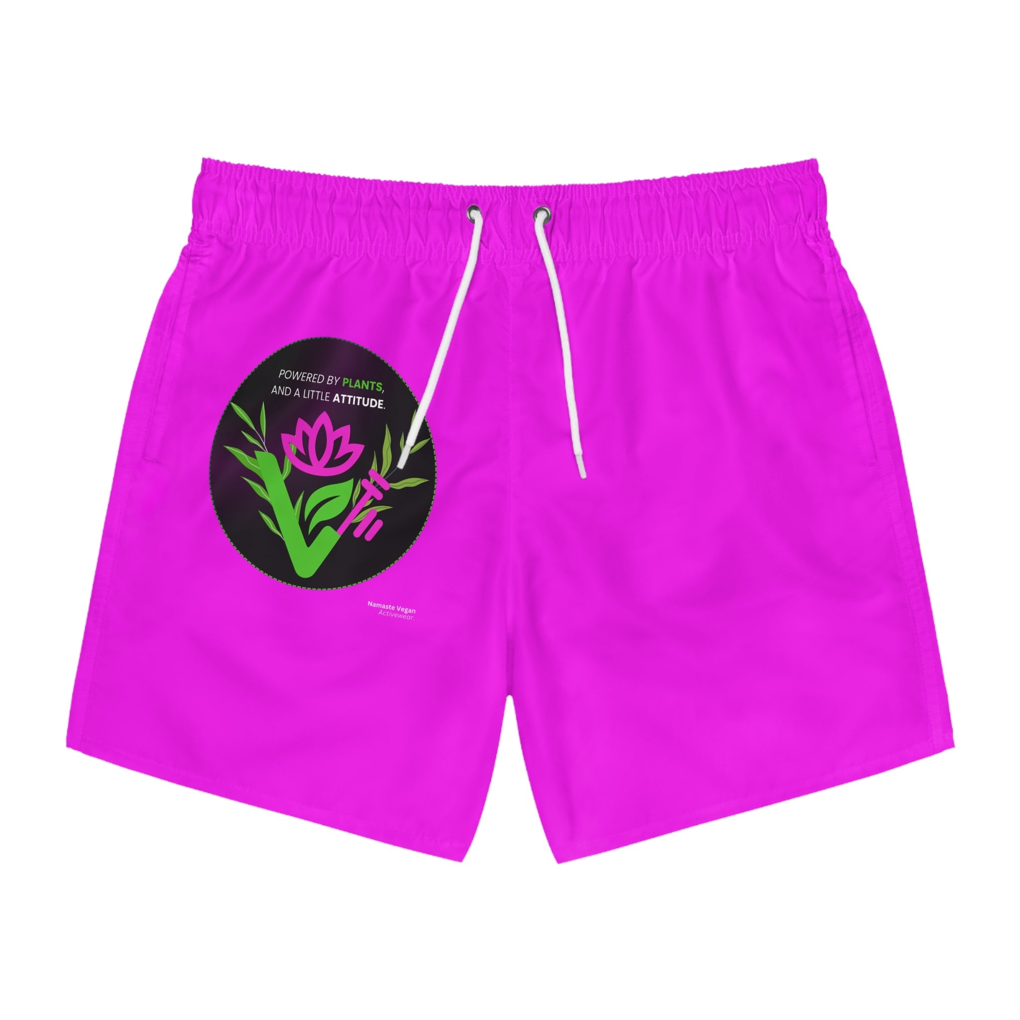 Pink Floral Swim Trunks — "Powered by Plants" Graphic Swim Shorts Printify