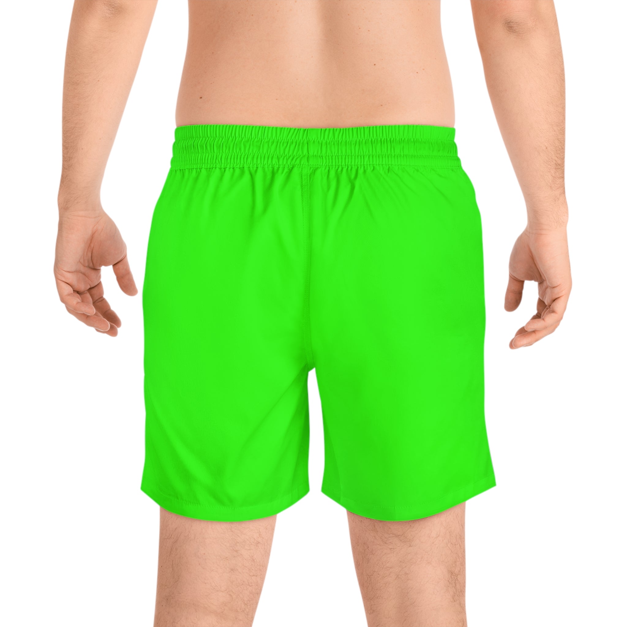 Men's Neon Green Swim Shorts with 'Namaste Vegan' Carrot Cartoon Design Printify