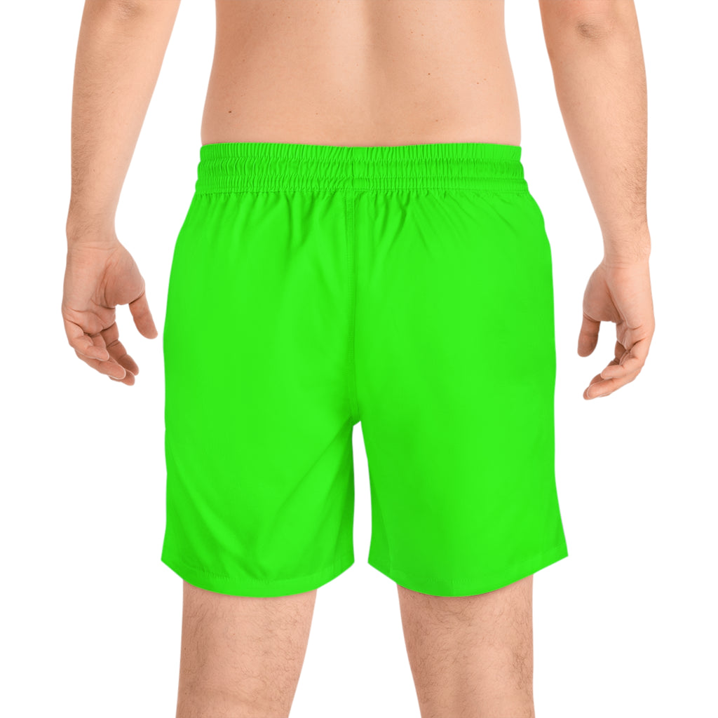 Men's Neon Green Swim Shorts with 'Namaste Vegan' Carrot Cartoon Design