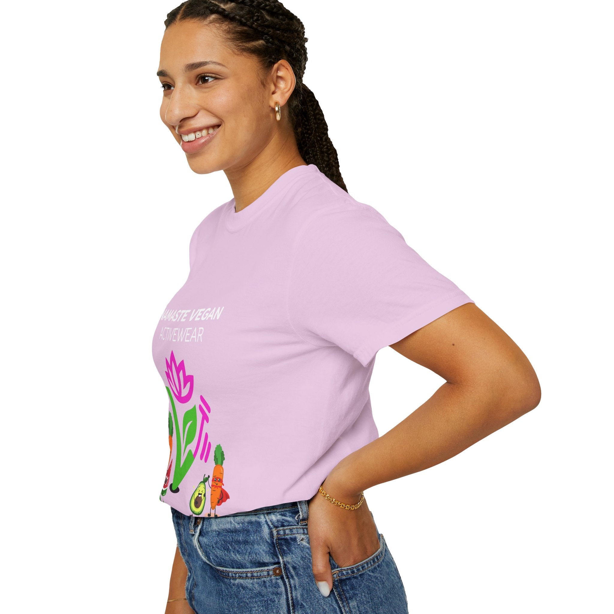 Vegan Namaste T-Shirt — "Namaste Vegan Activewear" with Lotus & Veggie Characters Printify