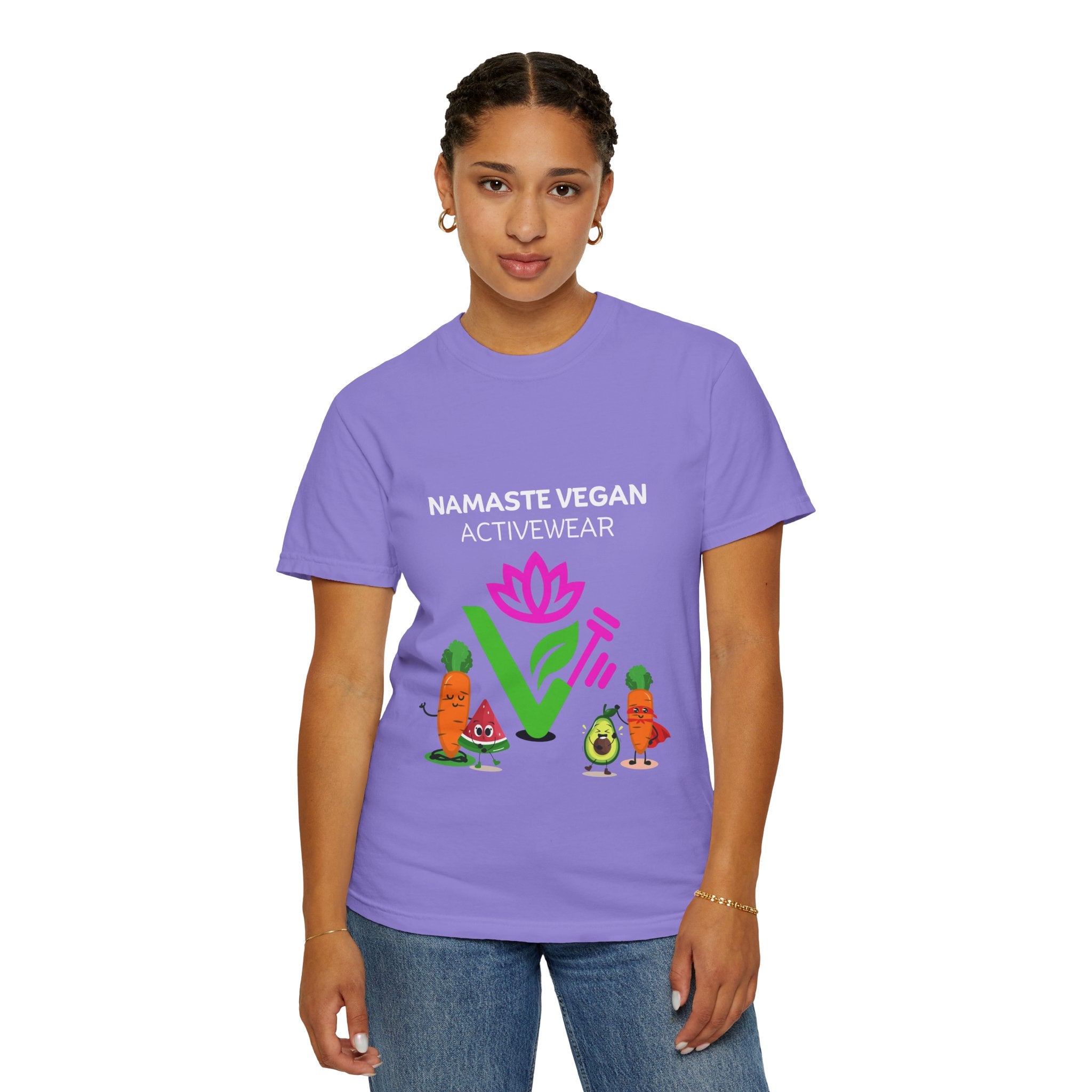 Vegan Namaste T-Shirt — "Namaste Vegan Activewear" with Lotus & Veggie Characters Printify