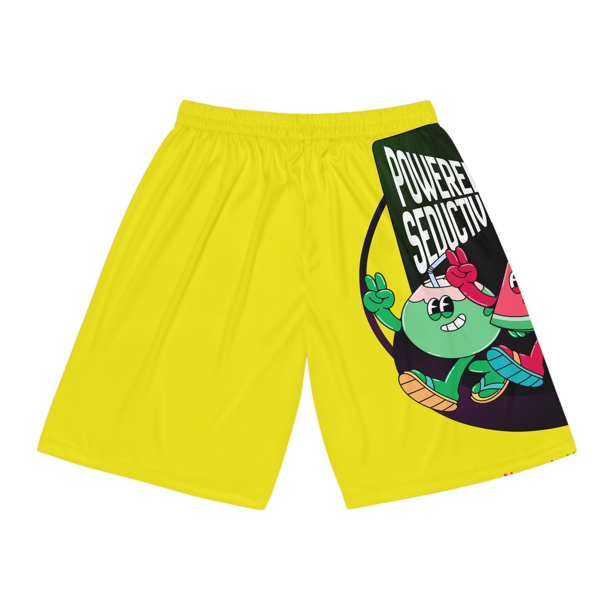 Yellow AOP Basketball Shorts — Playful Fruit Graphic “Powered by Plants” Printify