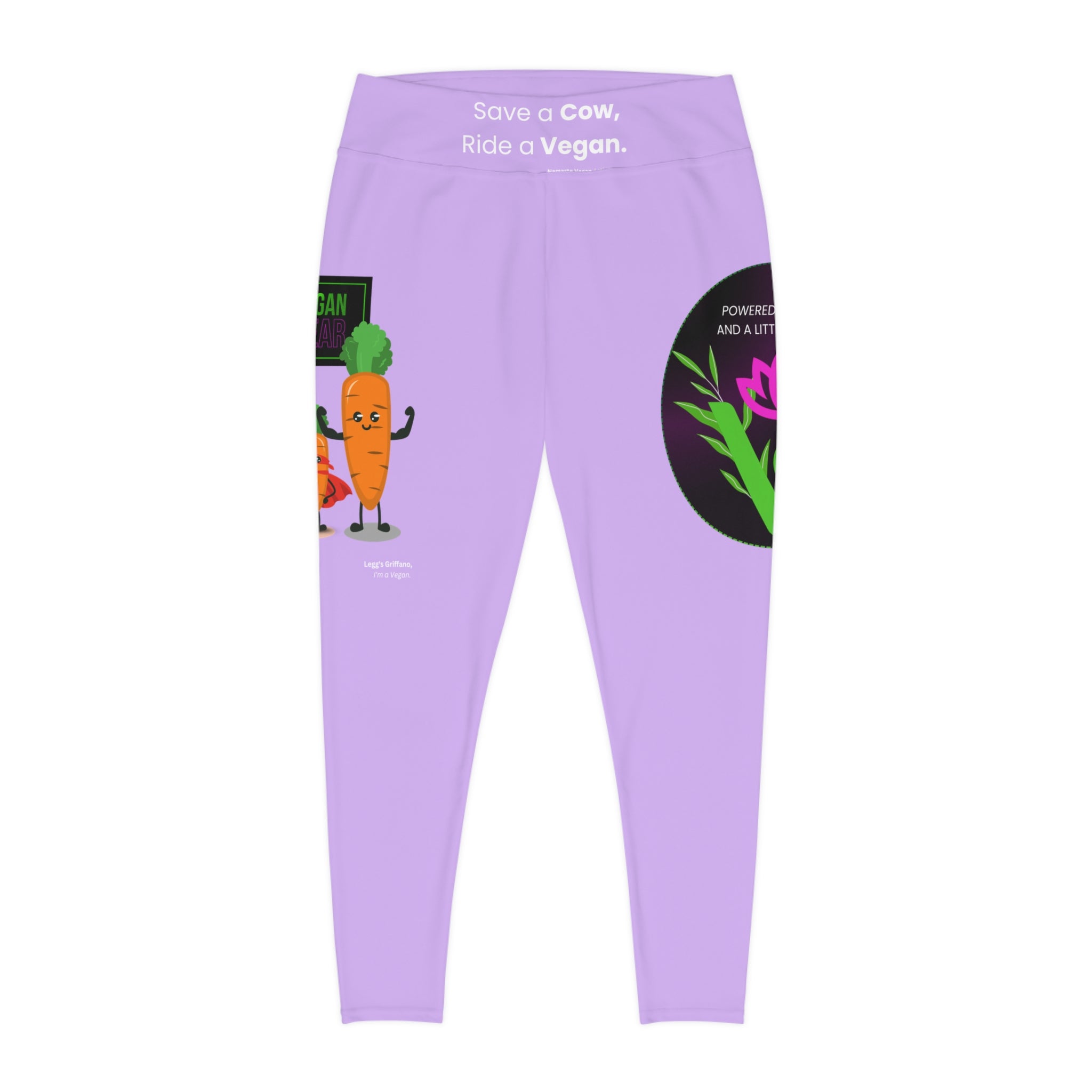 Plus Size Vegan Leggings — “Save a Cow, Ride a Vegan” Purple AOP Printify