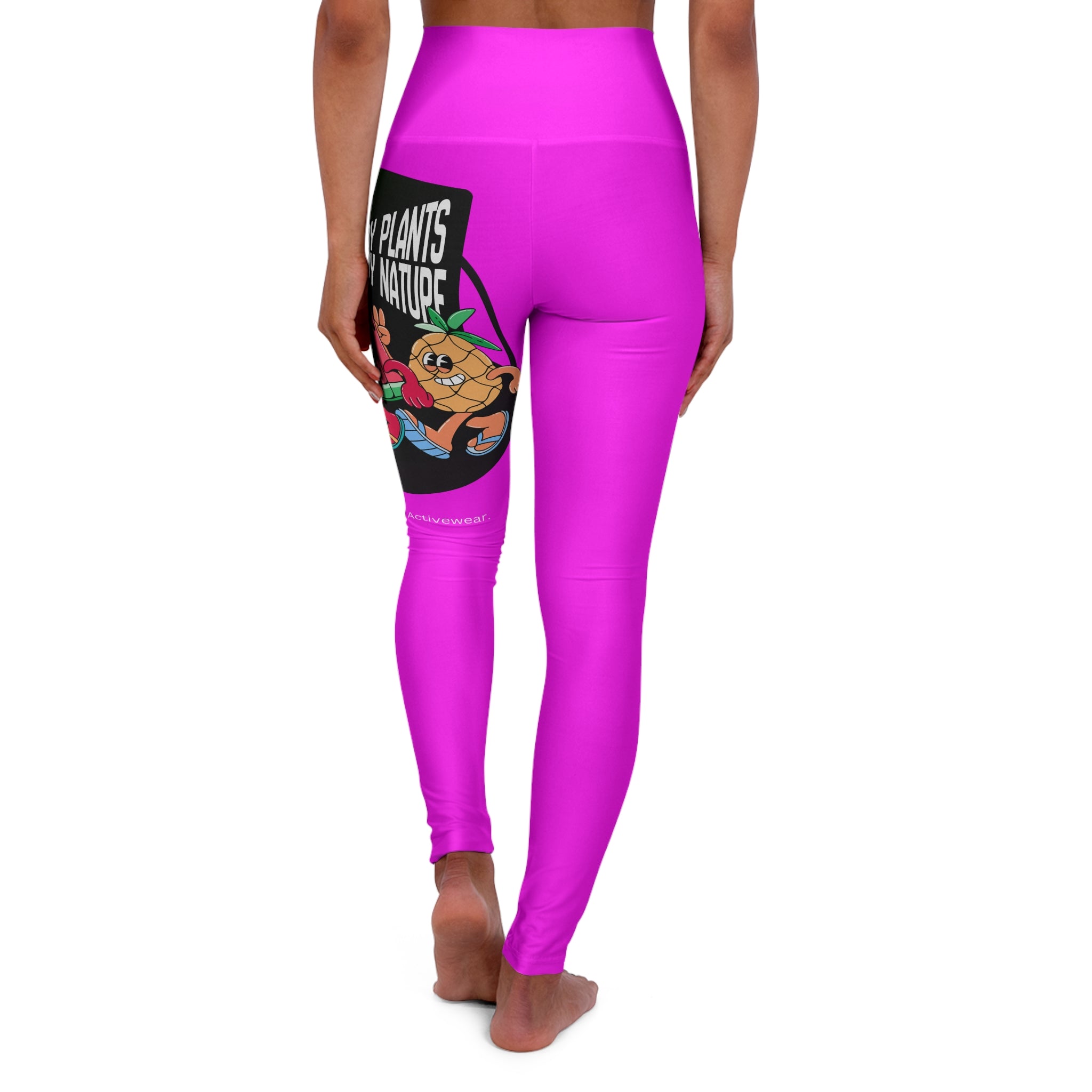 High-Waisted Yoga Leggings — Bright Pink AOP with 'Power to the Plants' Character Graphic Printify