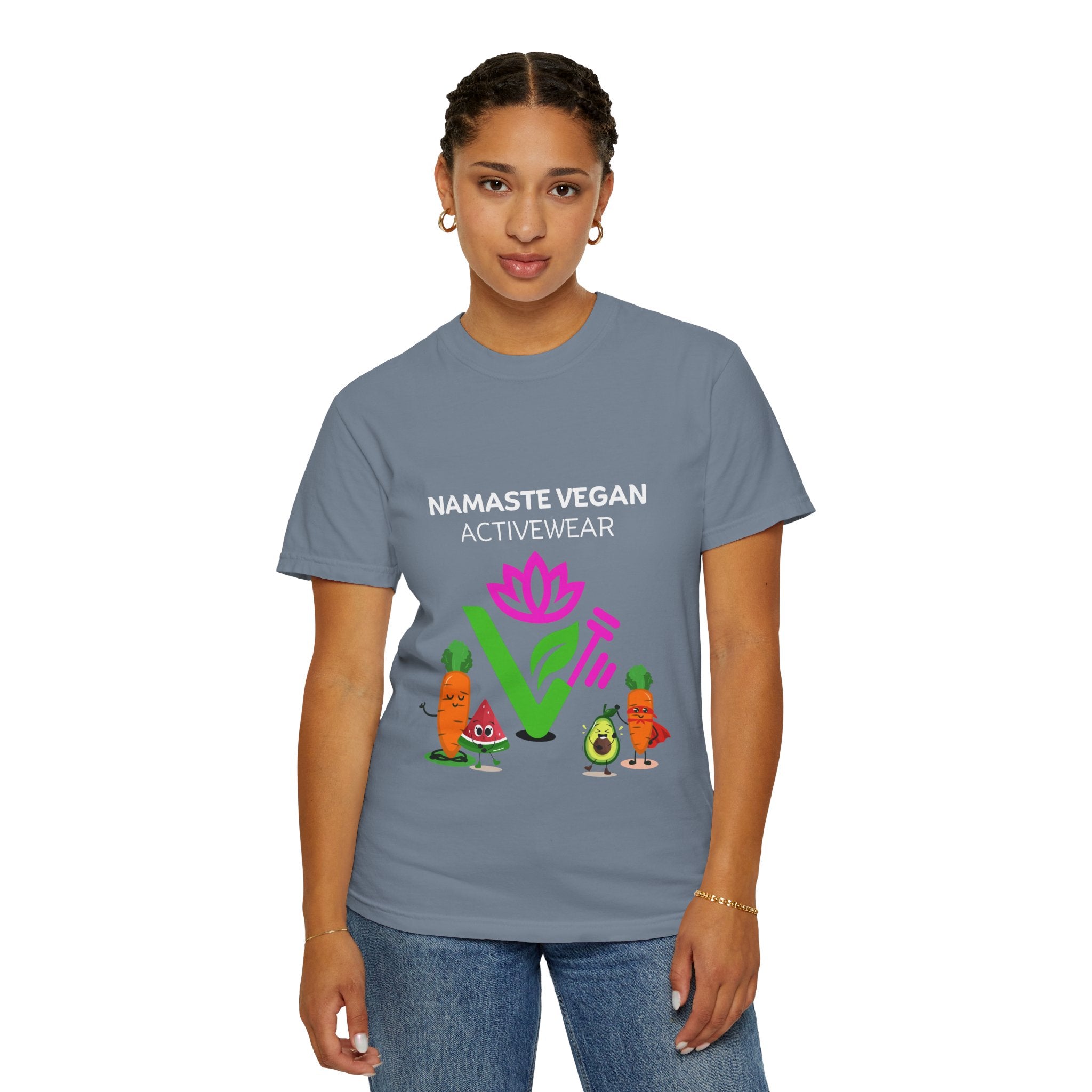 Vegan Namaste T-Shirt — "Namaste Vegan Activewear" with Lotus & Veggie Characters Printify
