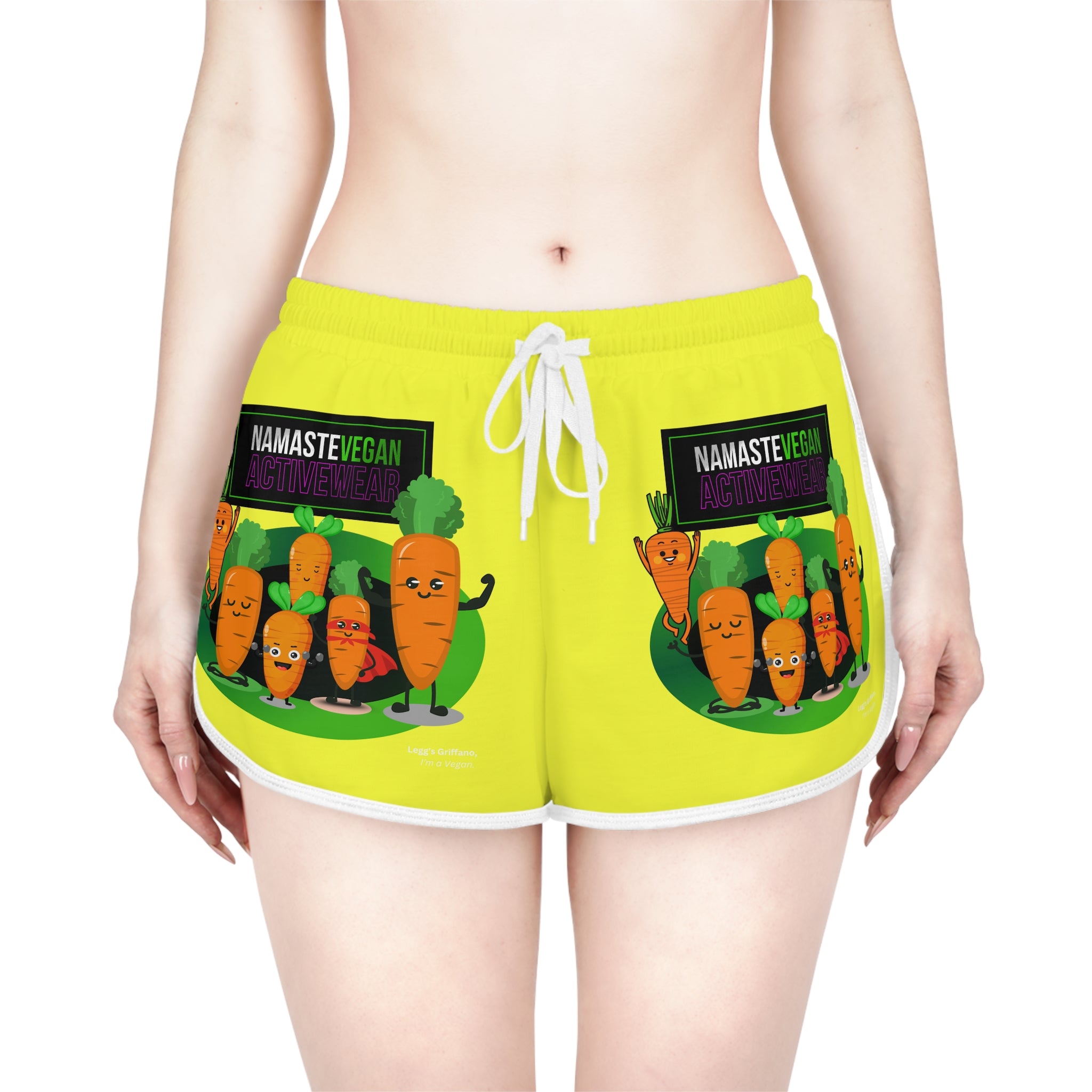 Vegan Namaste Carrot Crew Women's Relaxed Shorts — Bright Yellow AOP Lounge Shorts Printify