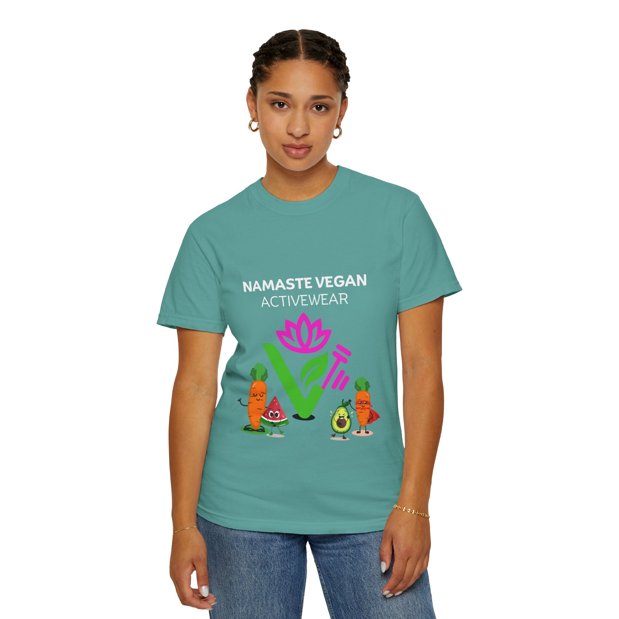 Vegan Namaste T-Shirt — "Namaste Vegan Activewear" with Lotus & Veggie Characters Printify