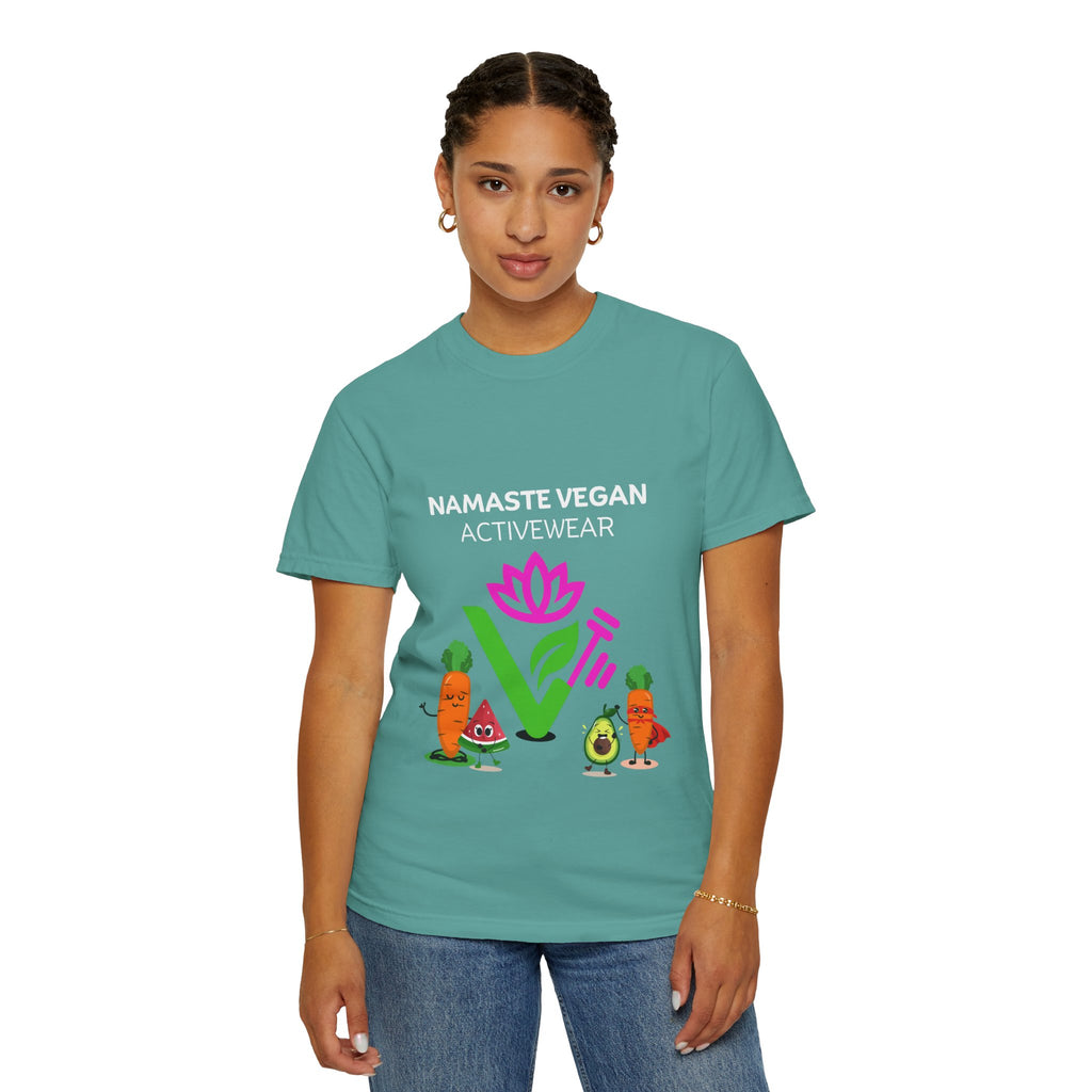 Vegan Namaste T-Shirt — "Namaste Vegan Activewear" with Lotus & Veggie Characters