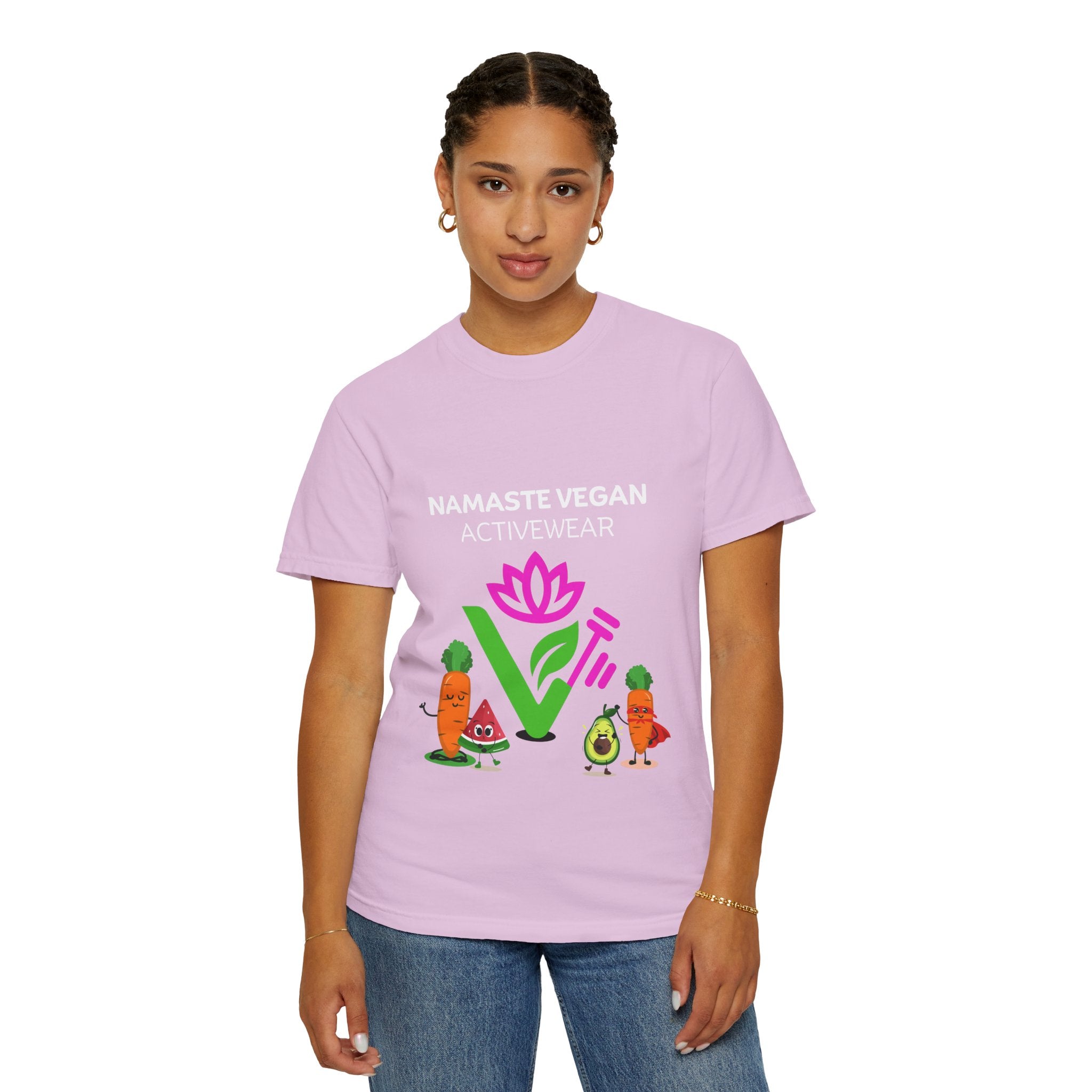Vegan Namaste T-Shirt — "Namaste Vegan Activewear" with Lotus & Veggie Characters Printify