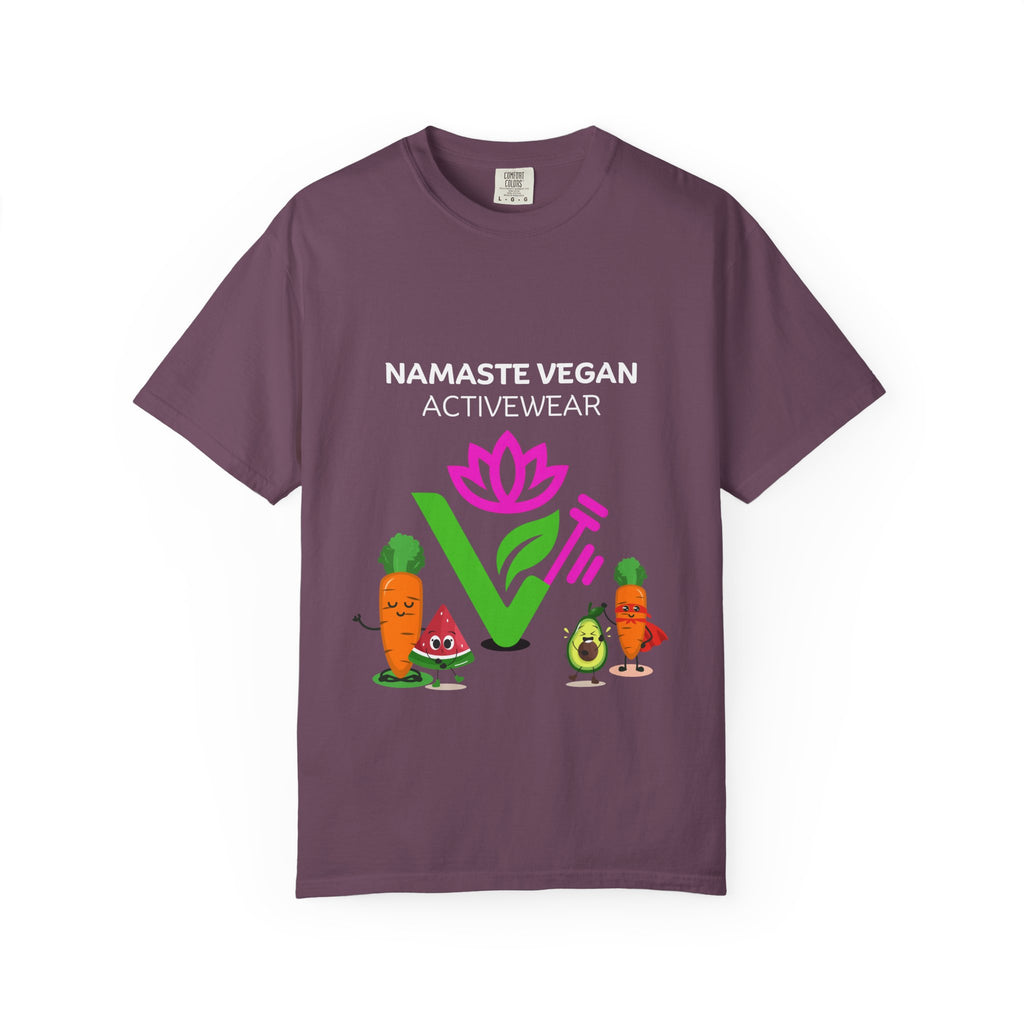 Vegan Namaste T-Shirt — "Namaste Vegan Activewear" with Lotus & Veggie Characters