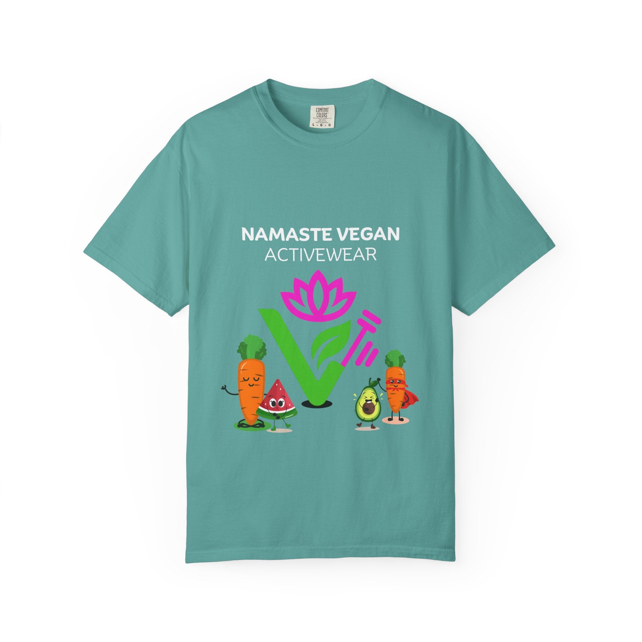 Vegan Namaste T-Shirt — "Namaste Vegan Activewear" with Lotus & Veggie Characters